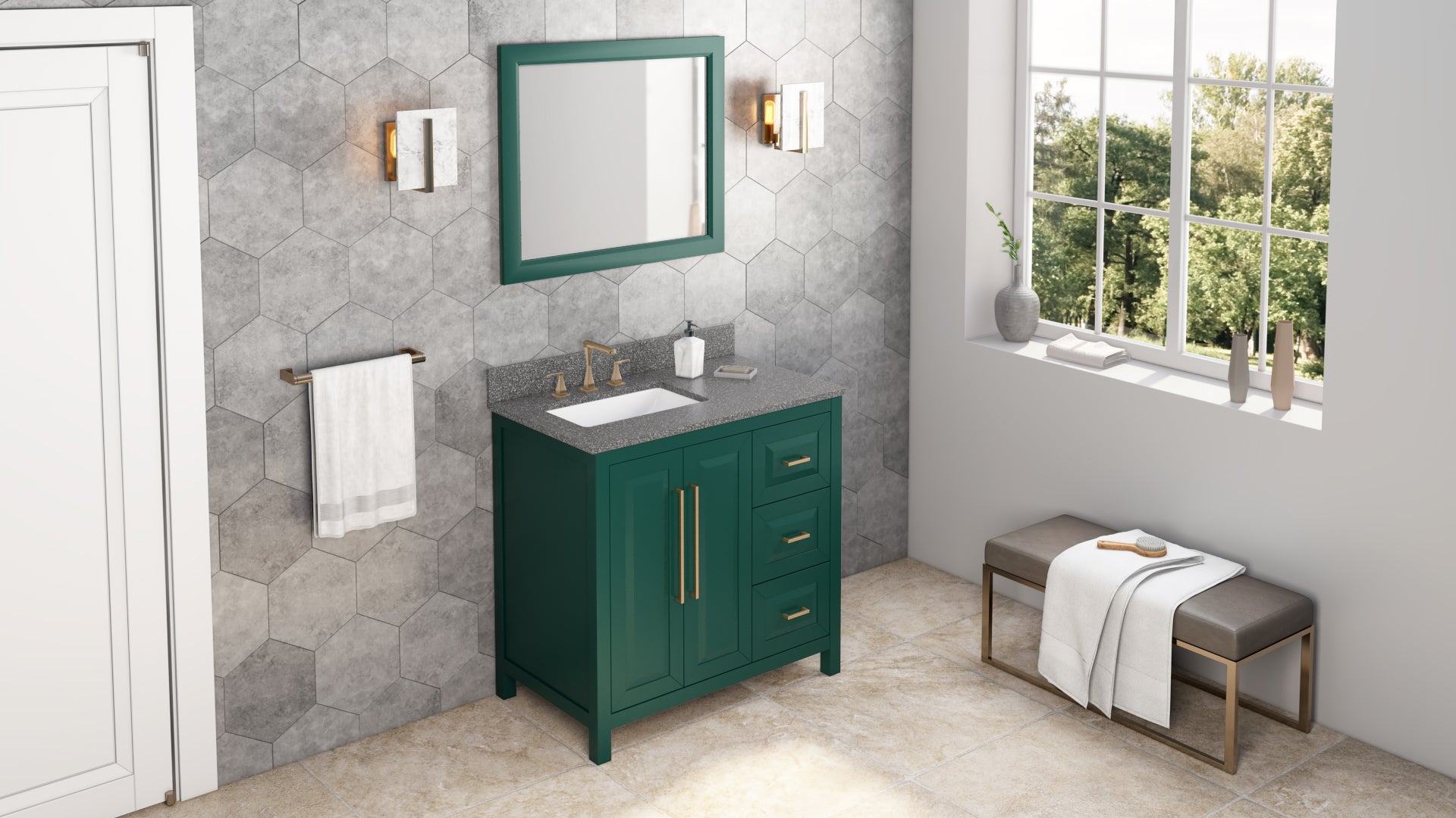 36" Forest Green Cade Vanity, left offset, Boulder Vanity Cultured Marble Vanity Top, undermount rectangle bowl