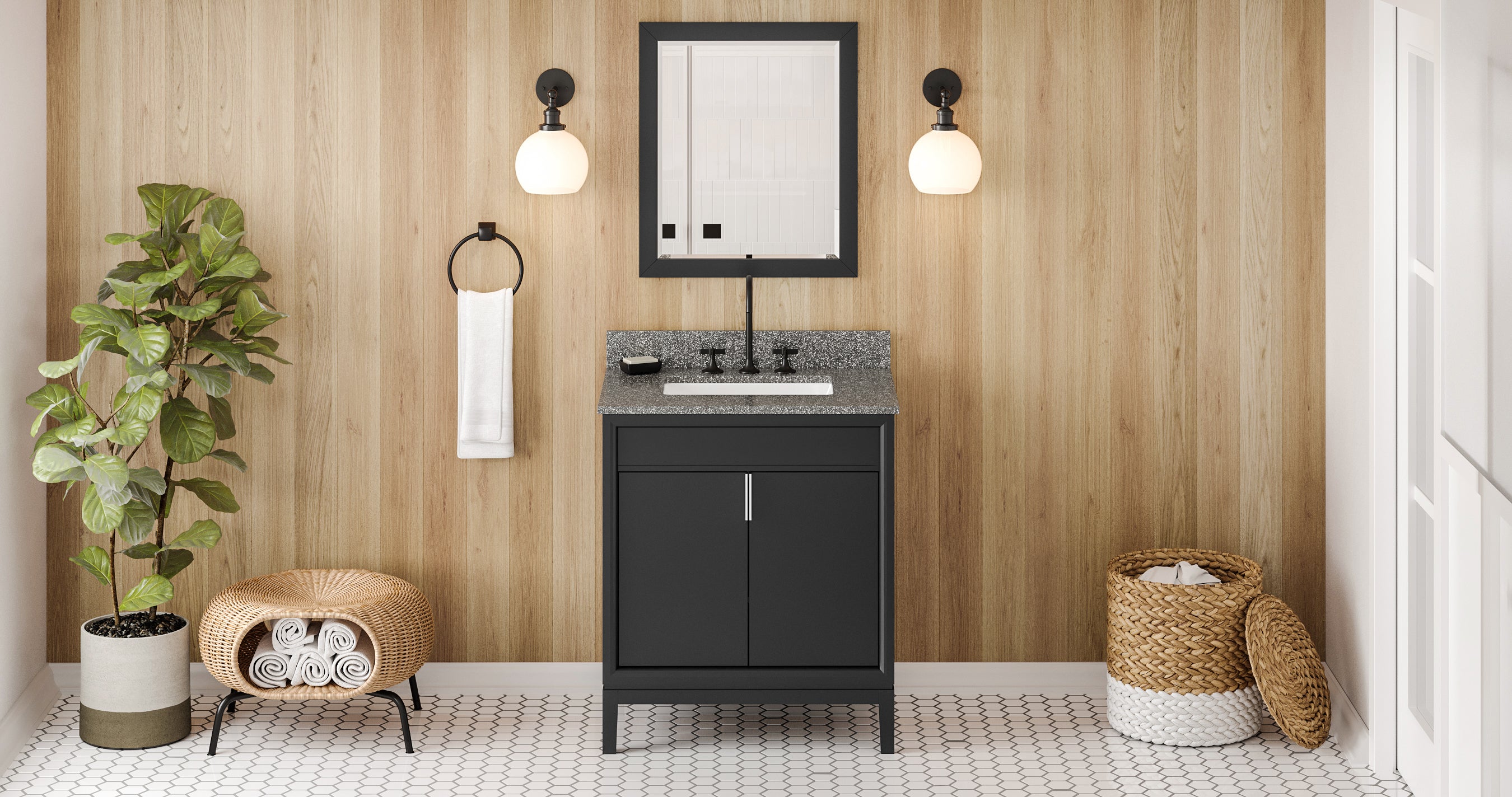 30" Black Theodora Vanity, Boulder Cultured Marble Vanity Top, undermount rectangle bowl | KitchBath