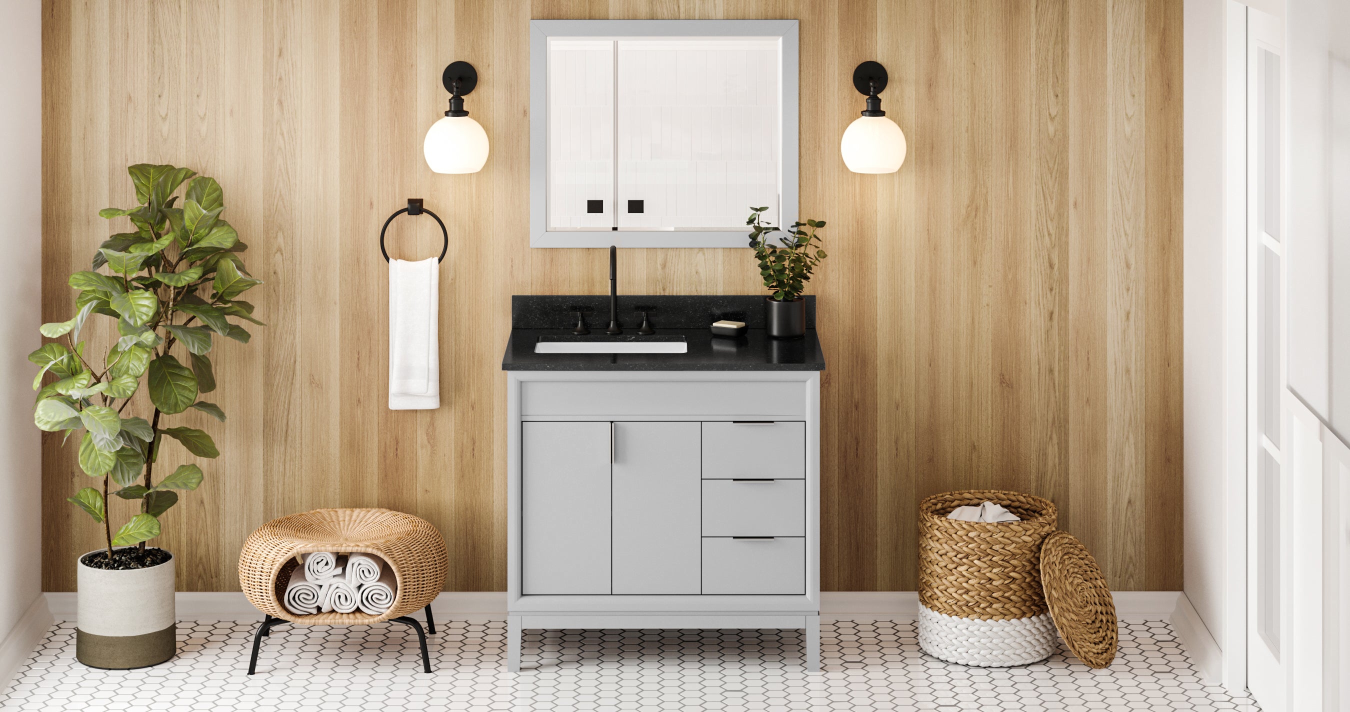 36" Grey Theodora Vanity, left offset, Black Granite Vanity Top, undermount rectangle bowl | KitchBath