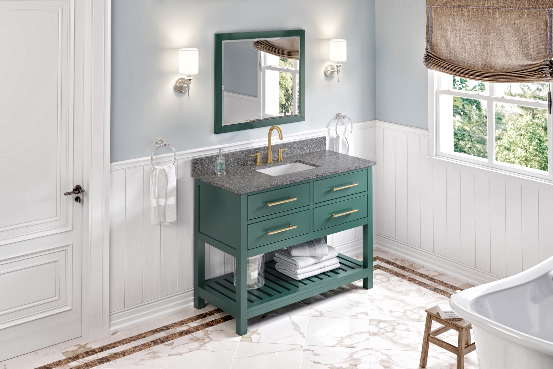 48" Forest Green Wavecrest Vanity, Boulder Cultured Marble Vanity Top, undermount rectangle bowl