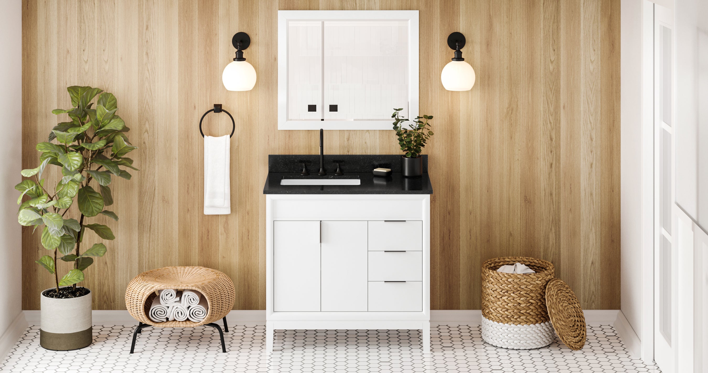 36" White Theodora Vanity, left offset, Black Granite Vanity Top, undermount rectangle bowl | KitchBath