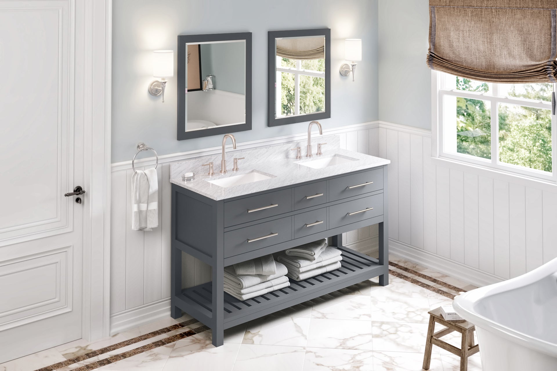 60" Grey Wavecrest Vanity, double bowl, White Carrara Marble Vanity Top, two undermount rectangle bowls