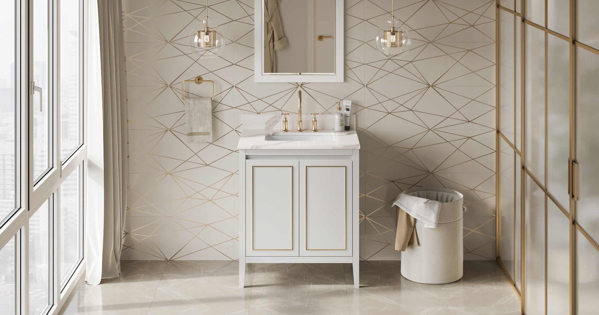 30" White Percival Vanity, Calacatta Vienna Quartz Vanity Top, undermount rectangle bowl | KitchBath