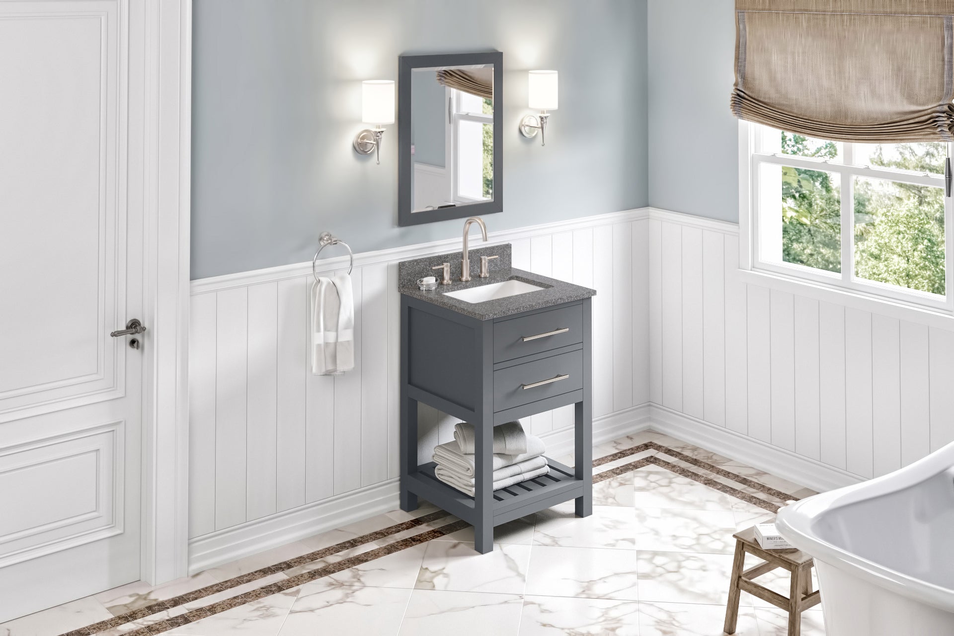 24" Grey Wavecrest Vanity, Boulder Cultured Marble Vanity Top, undermount rectangle bowl