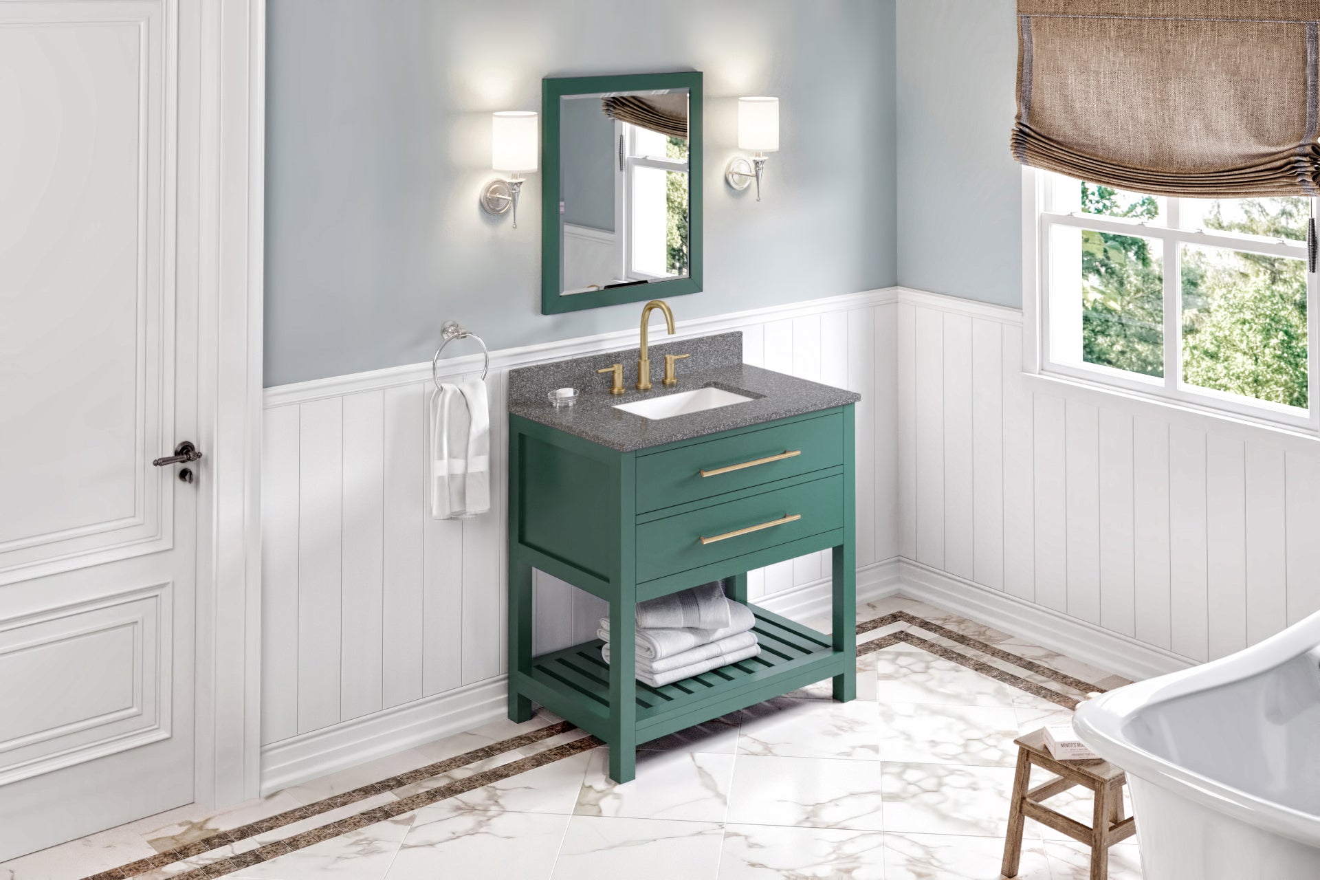 36" Forest Green Wavecrest Vanity, Boulder Cultured Marble Vanity Top, undermount rectangle bowl