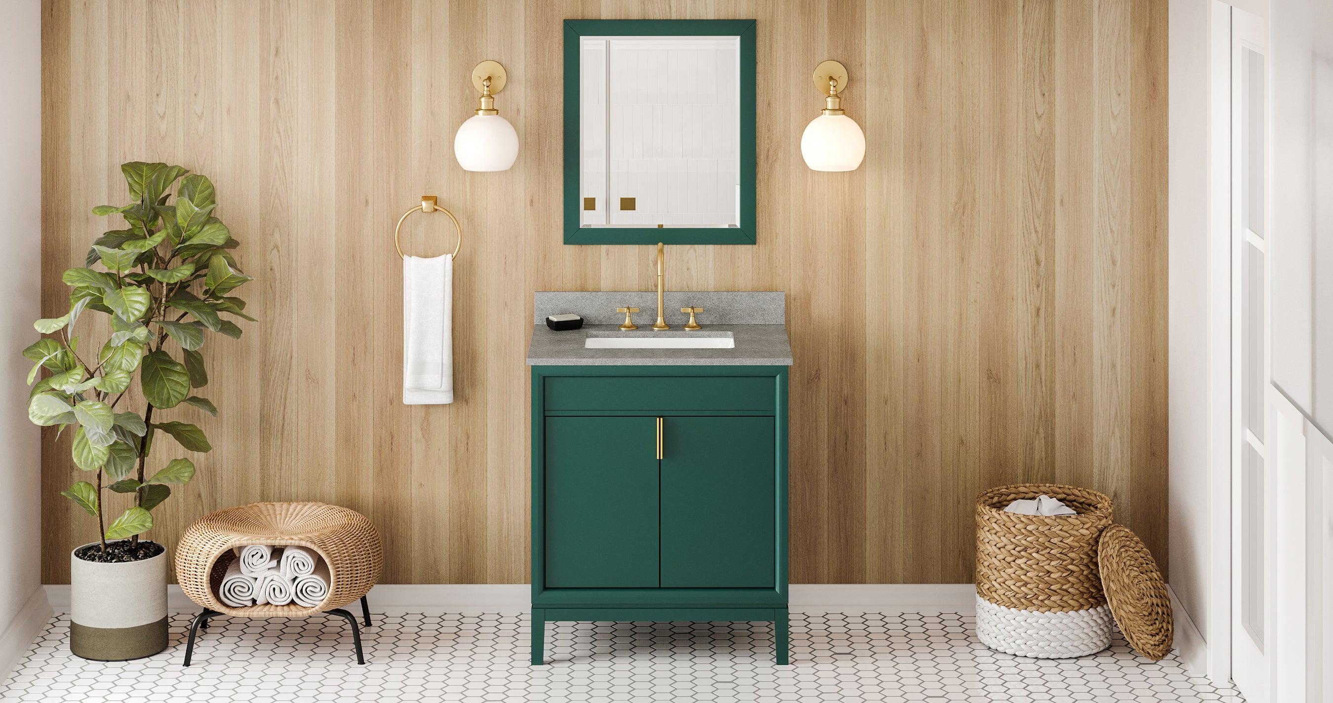 30" Forest Green Theodora Vanity, Steel Grey Cultured Marble Vanity Top, undermount rectangle bowl | KitchBath