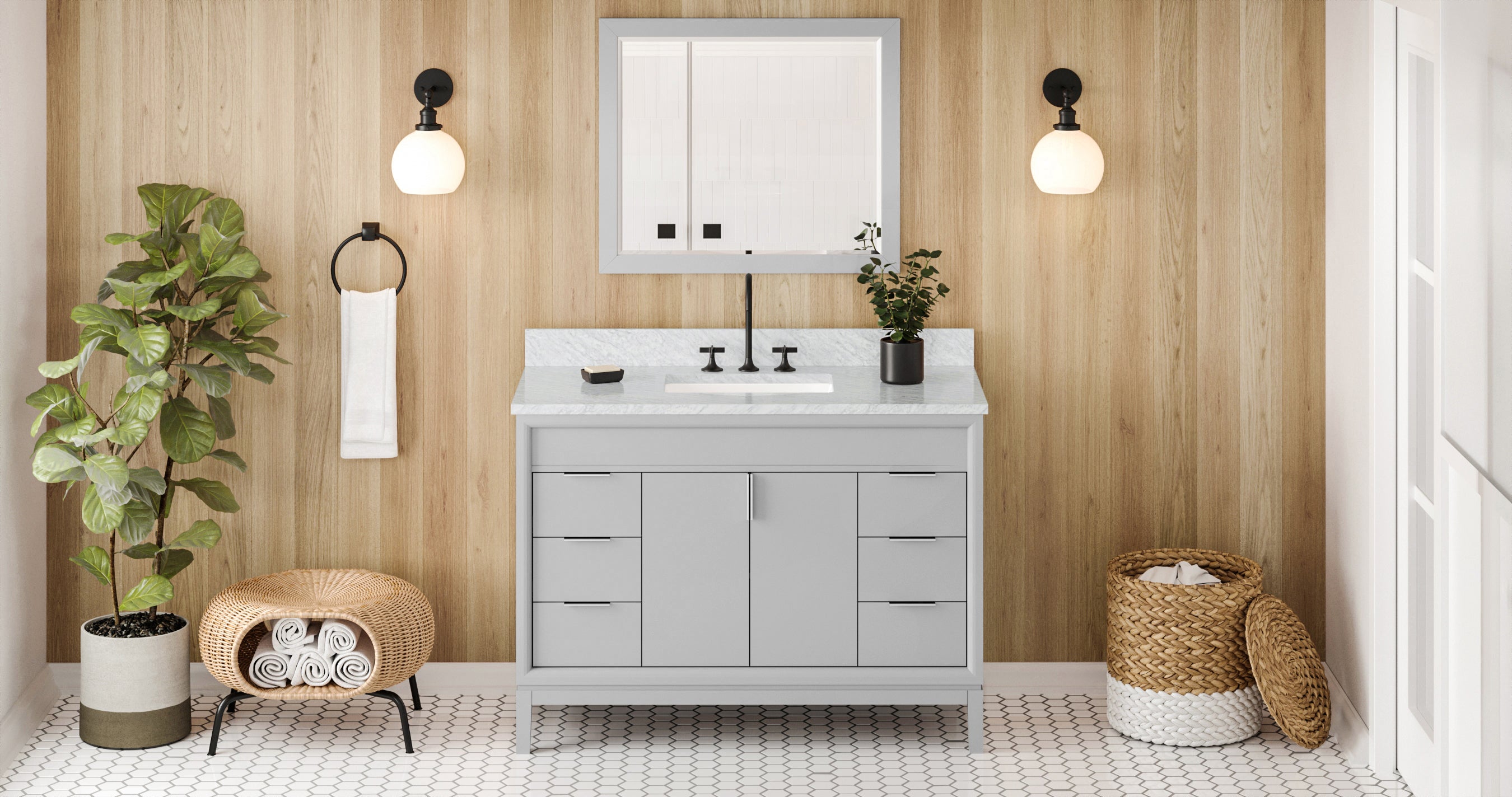 48" Grey Theodora Vanity, White Carrara Marble Vanity Top, undermount rectangle bowl | KitchBath