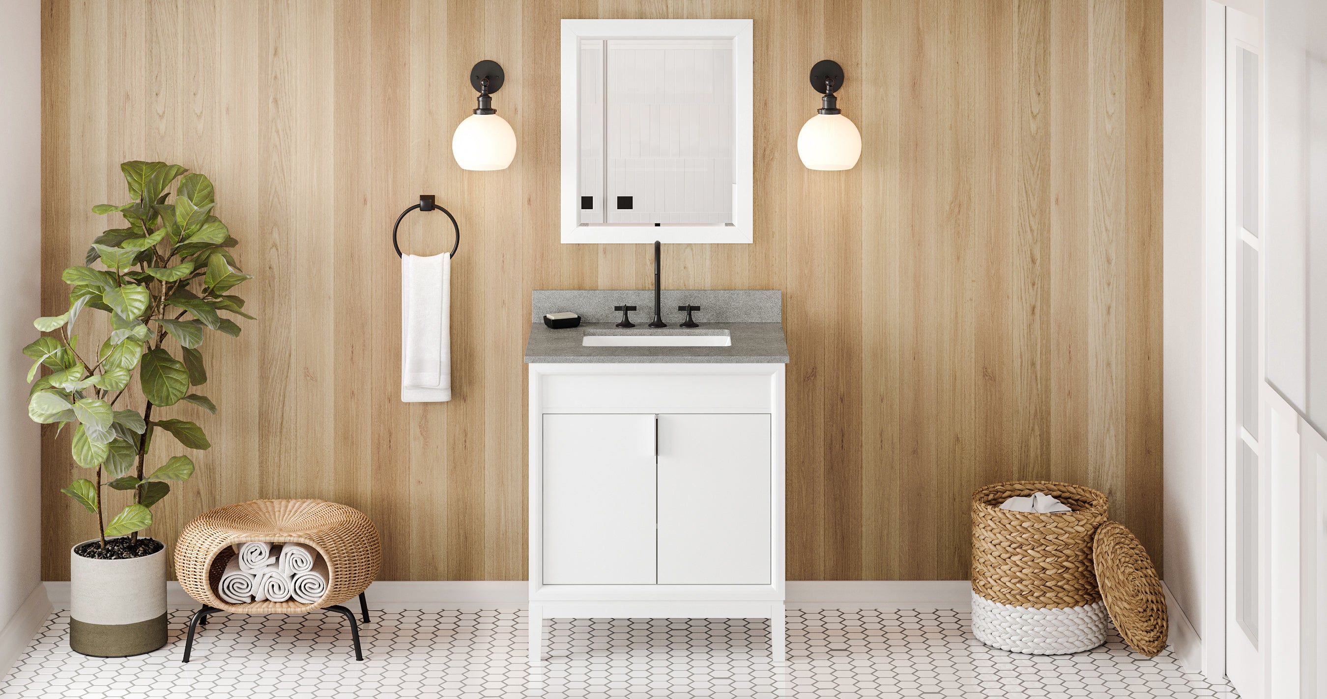 30" White Theodora Vanity, Steel Grey Cultured Marble Vanity Top, undermount rectangle bowl | KitchBath