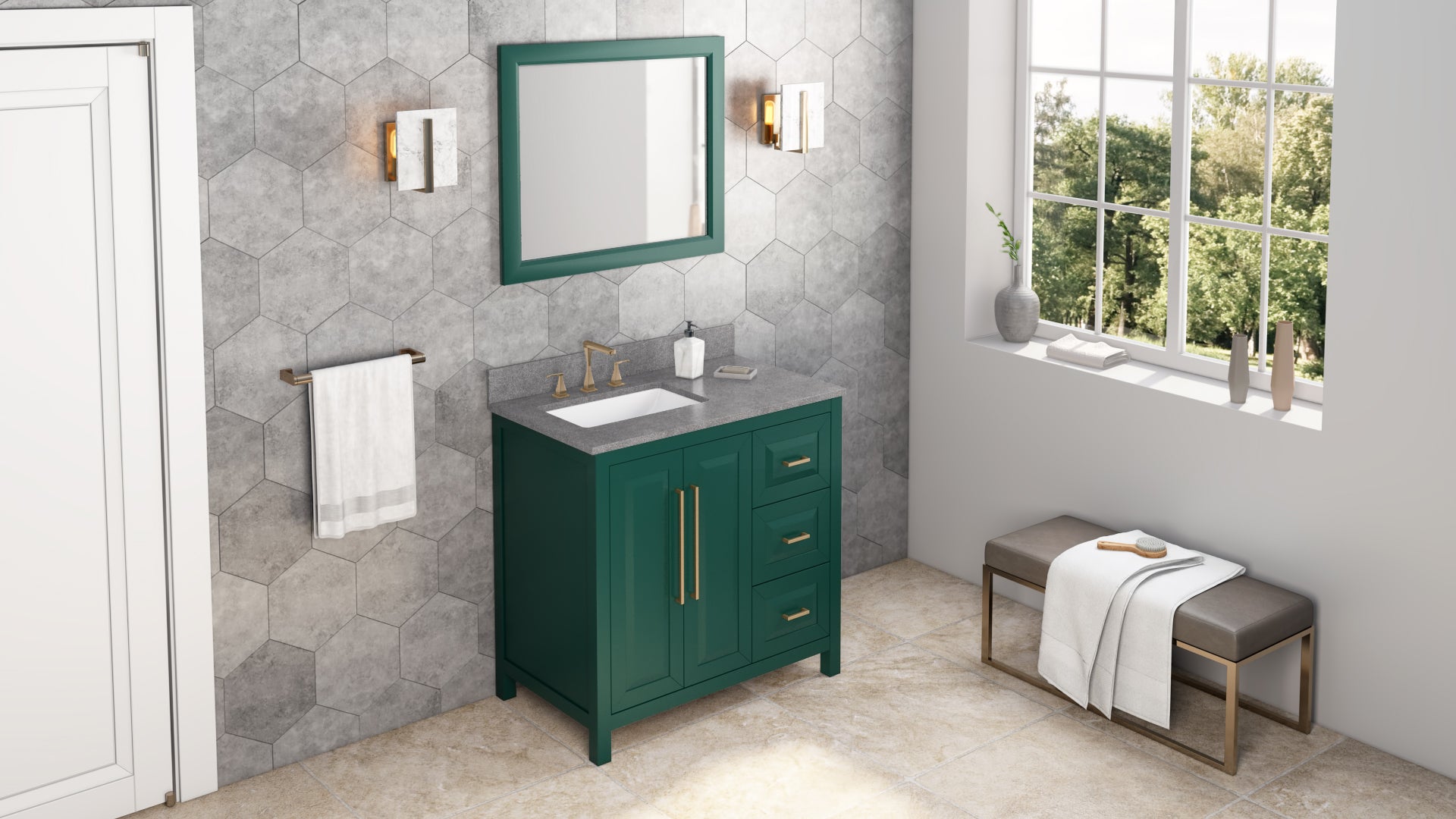 36" Forest Green Cade Vanity, left offset, Steel Grey Cultured Marble Vanity Top, undermount rectangle bowl