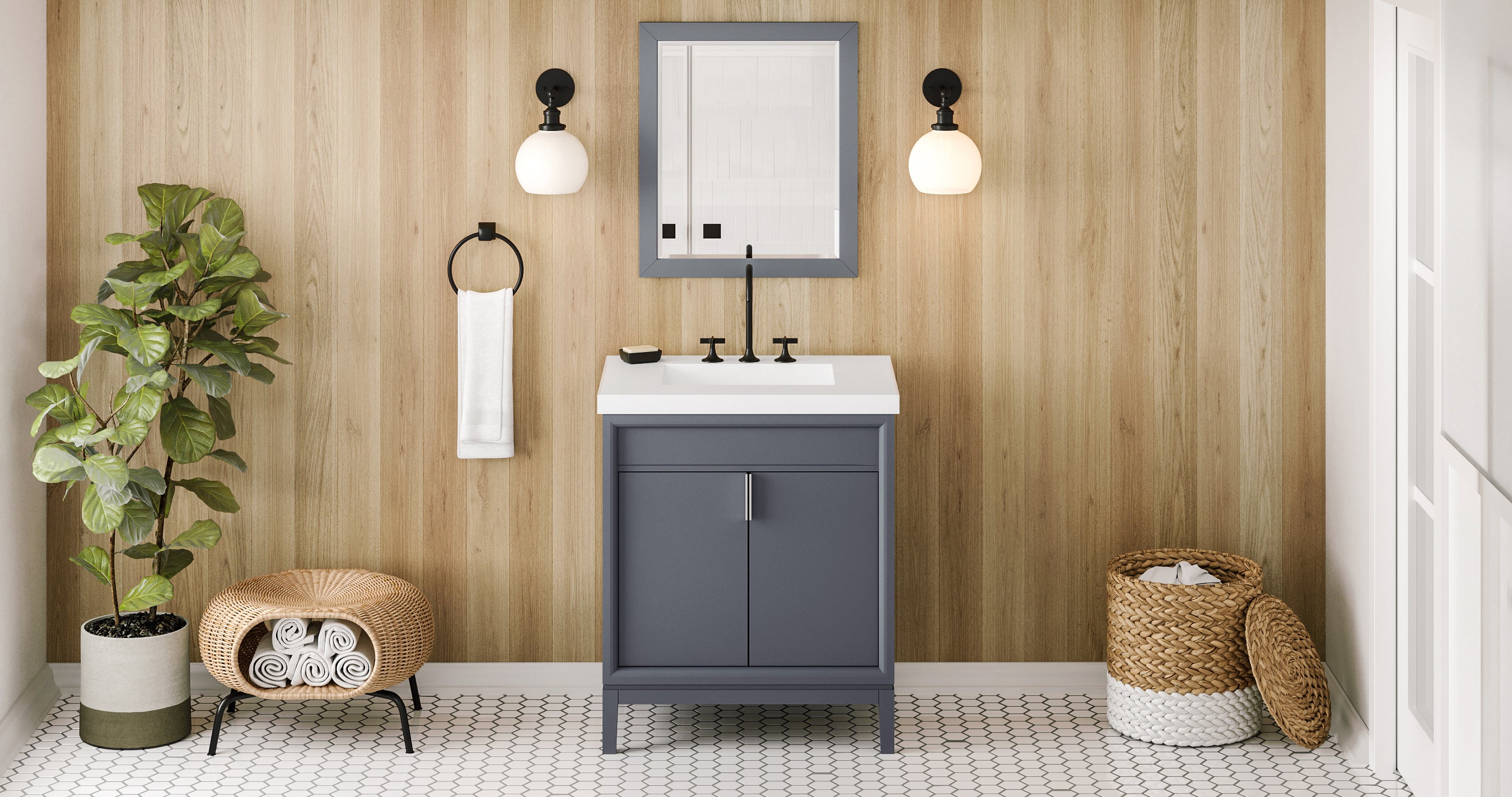 30" Blue Steel Theodora Vanity, Lavante Cultured Marble Vessel Vanity Top, integrated rectangle bowl | KitchBath