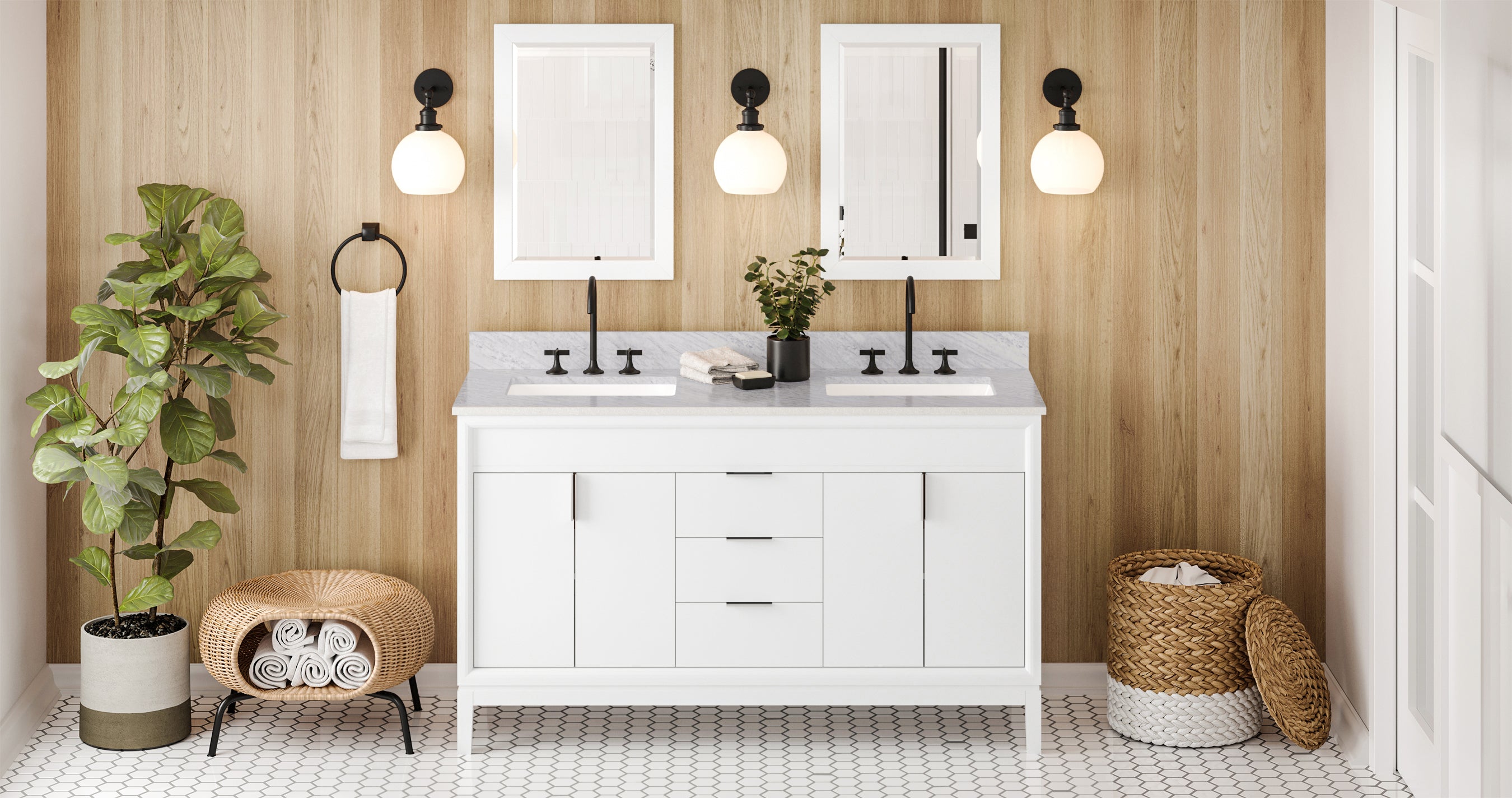 60" White Theodora Vanity, double bowl | KitchBath