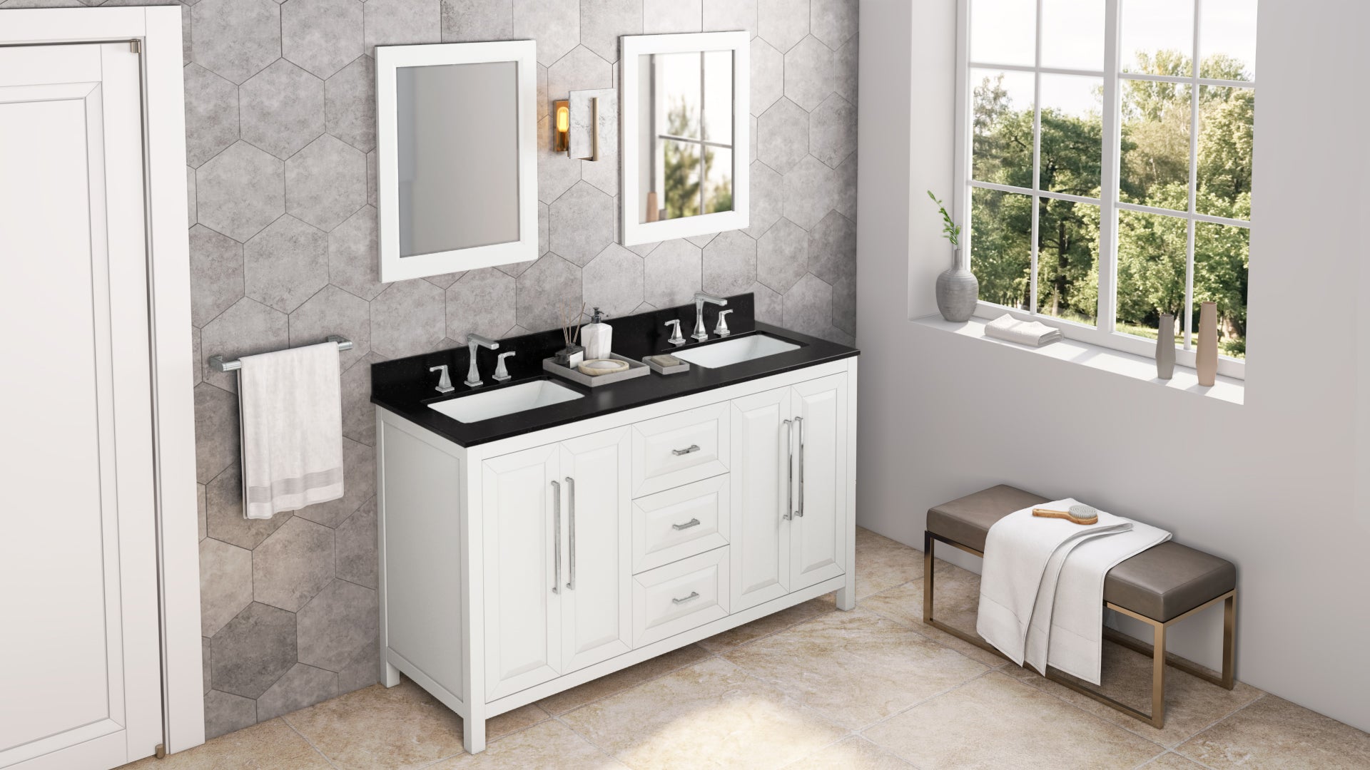 60" White Cade Vanity, double bowl | KitchBath