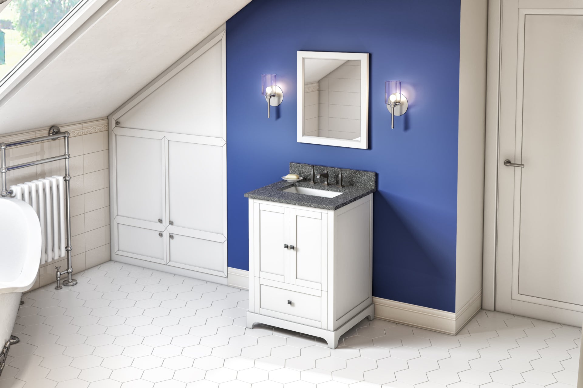 24" White Addington Vanity, Boulder Cultured Marble Vanity Top, undermount rectangle bowl