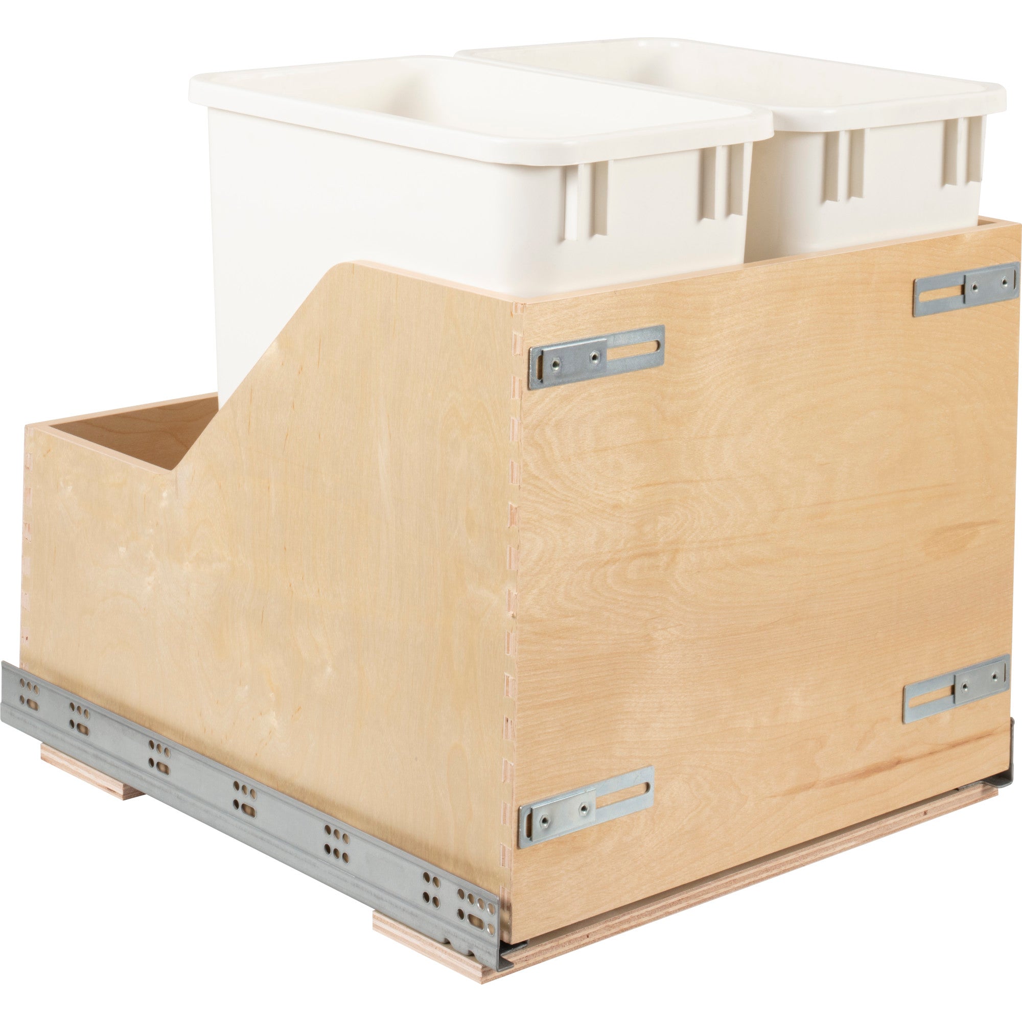 Double 35 Quart Wood Bottom-Mount Soft-close Trashcan Rollout for Door Mounting, Includes Two White Cans and Door Joining Bracket | KitchBath