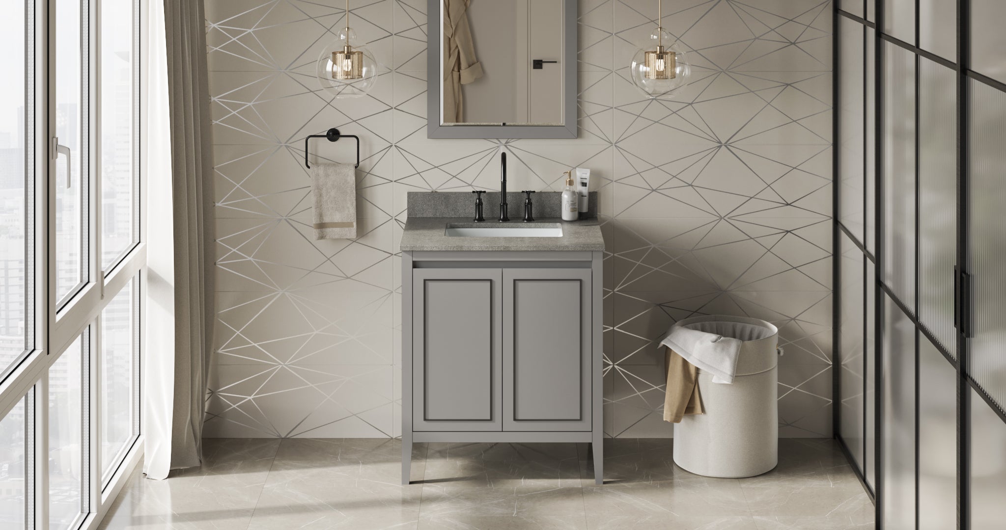 30" Grey Percival Vanity, Steel Grey Cultured Marble Vanity Top, undermount rectangle bowl | KitchBath