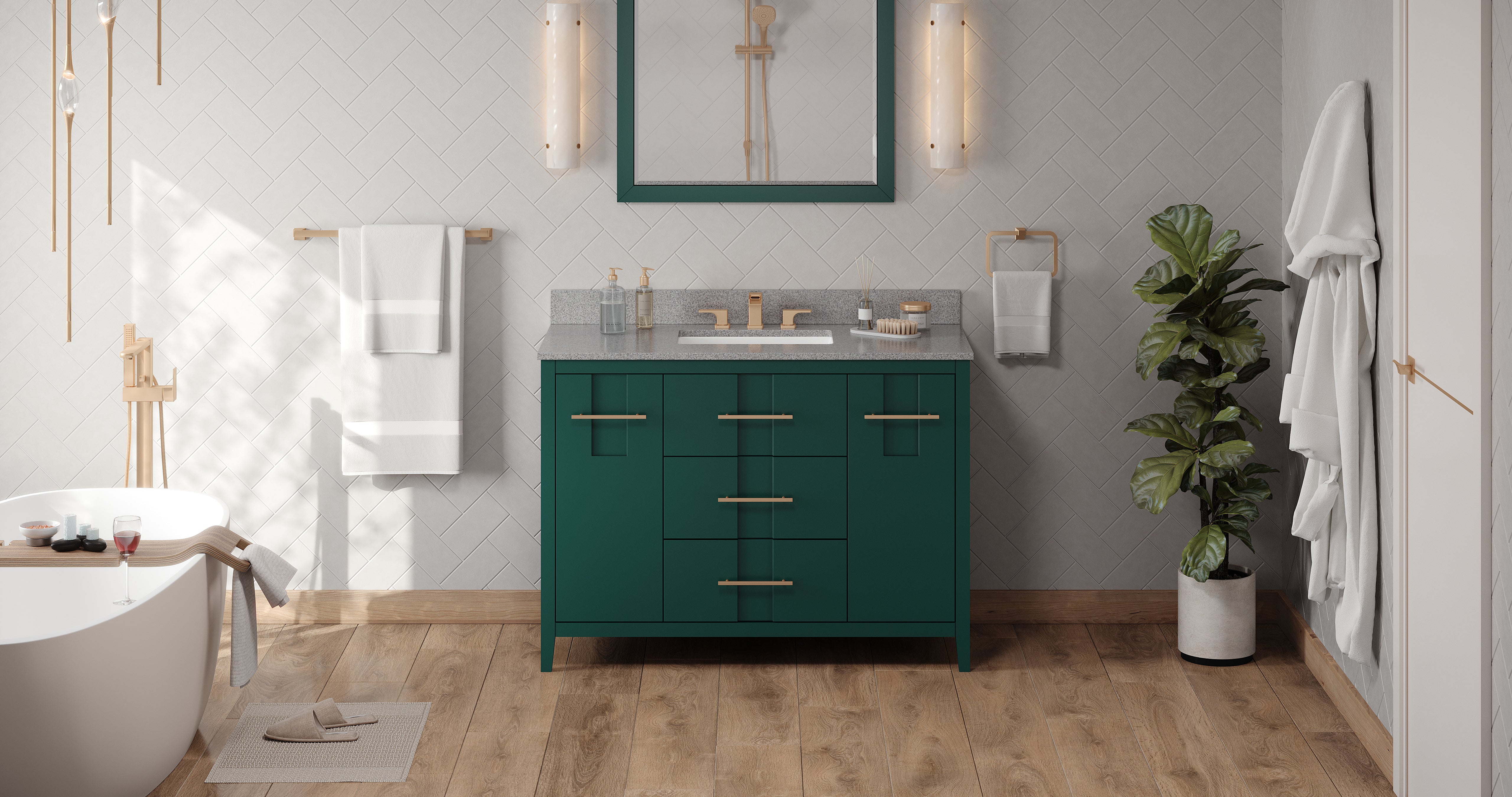48" Forest Green Katara Vanity, Steel Grey Cultured Marble Vanity Top, undermount rectangle bowl | KitchBath