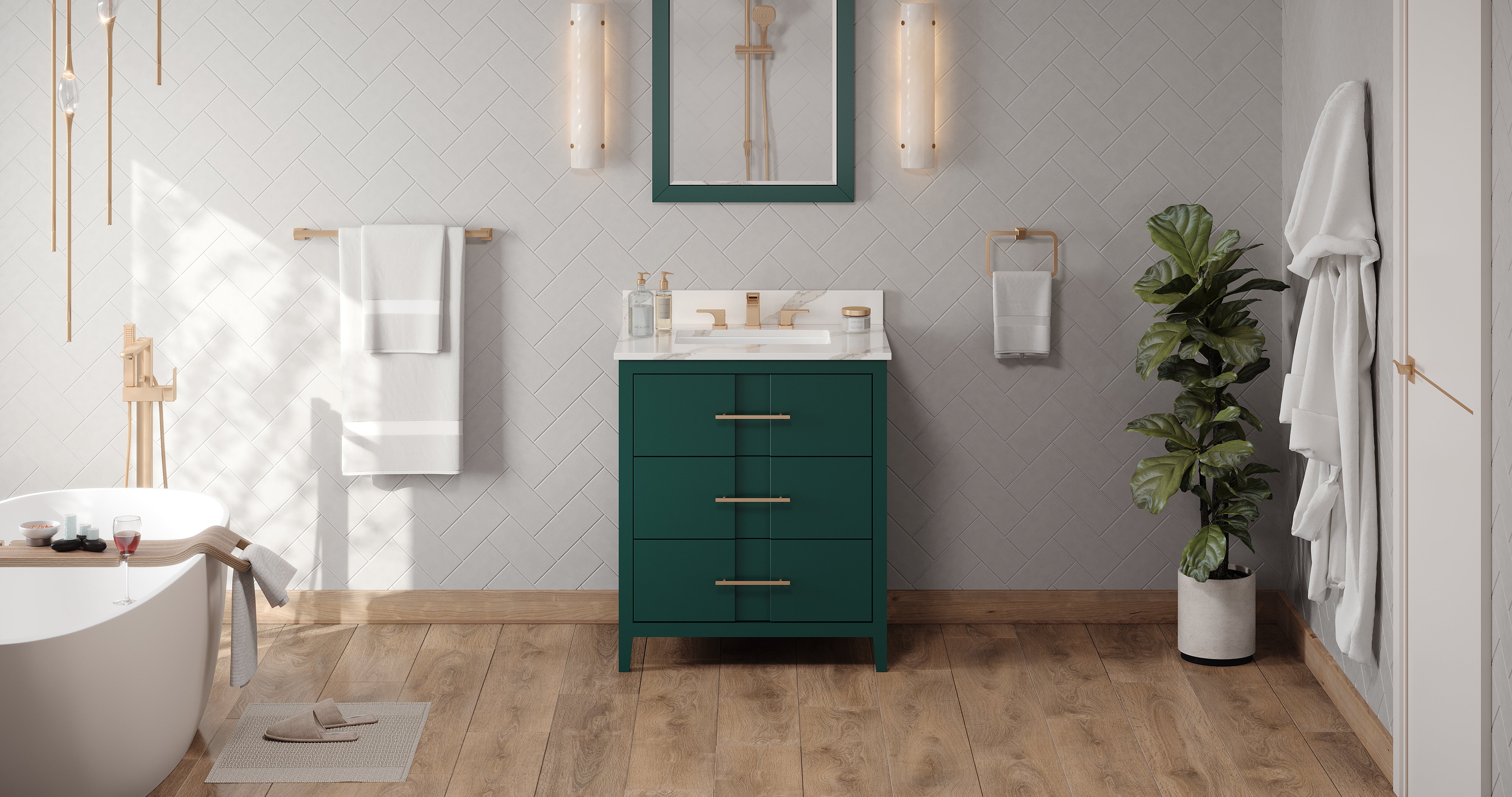30" Forest Green Katara Vanity, Calacatta Vienna Quartz Vanity Top, undermount rectangle bowl | KitchBath