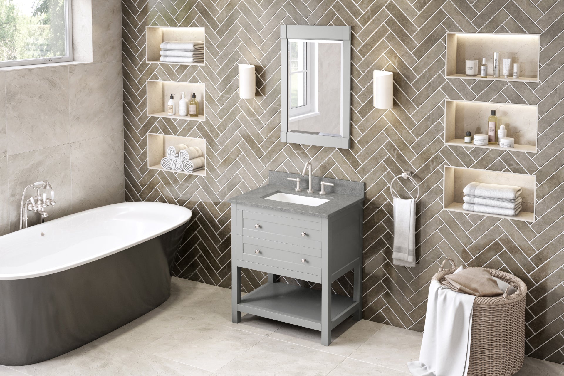 30" Grey Astoria Vanity, Steel Grey Cultured Marble Vanity Top, undermount rectangle bowl