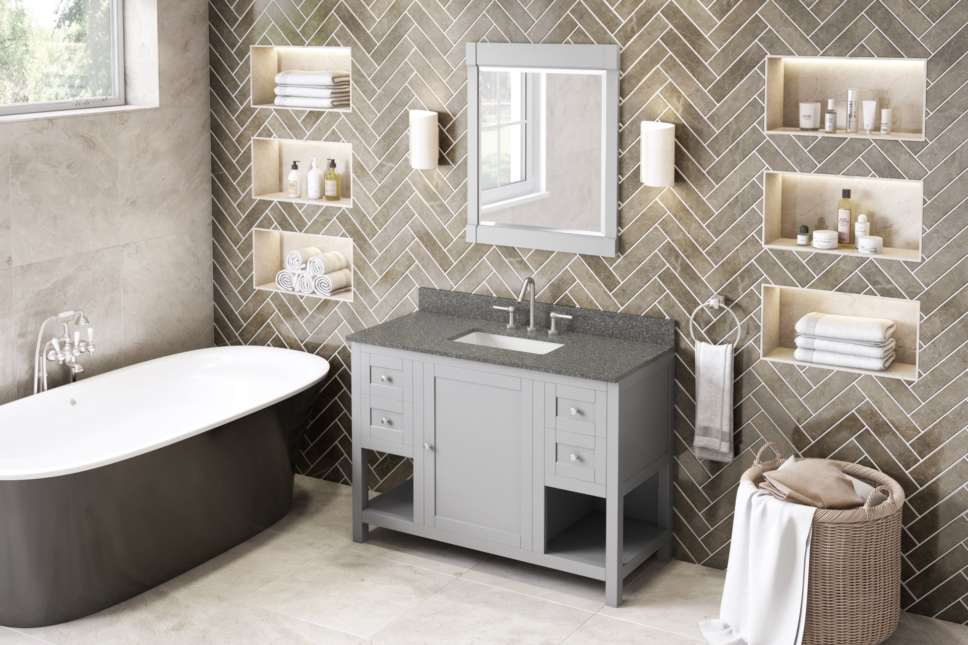 48" Grey Astoria Vanity, Boulder Cultured Marble Vanity Top, undermount rectangle bowl
