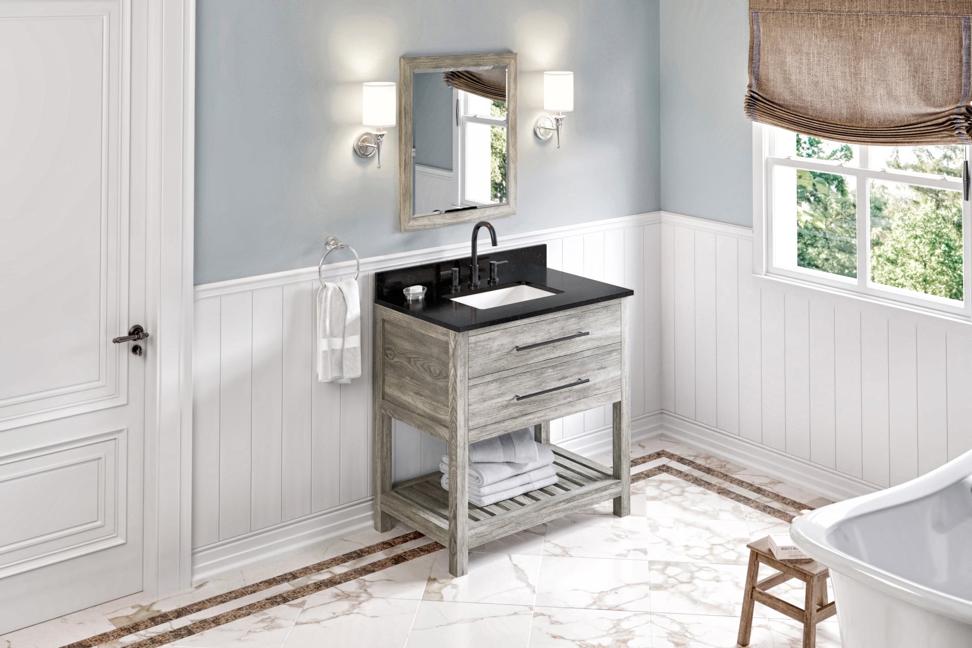 36" Weathered Grey Wavecrest Vanity, Black Granite Vanity Top, undermount rectangle bowl | KitchBath