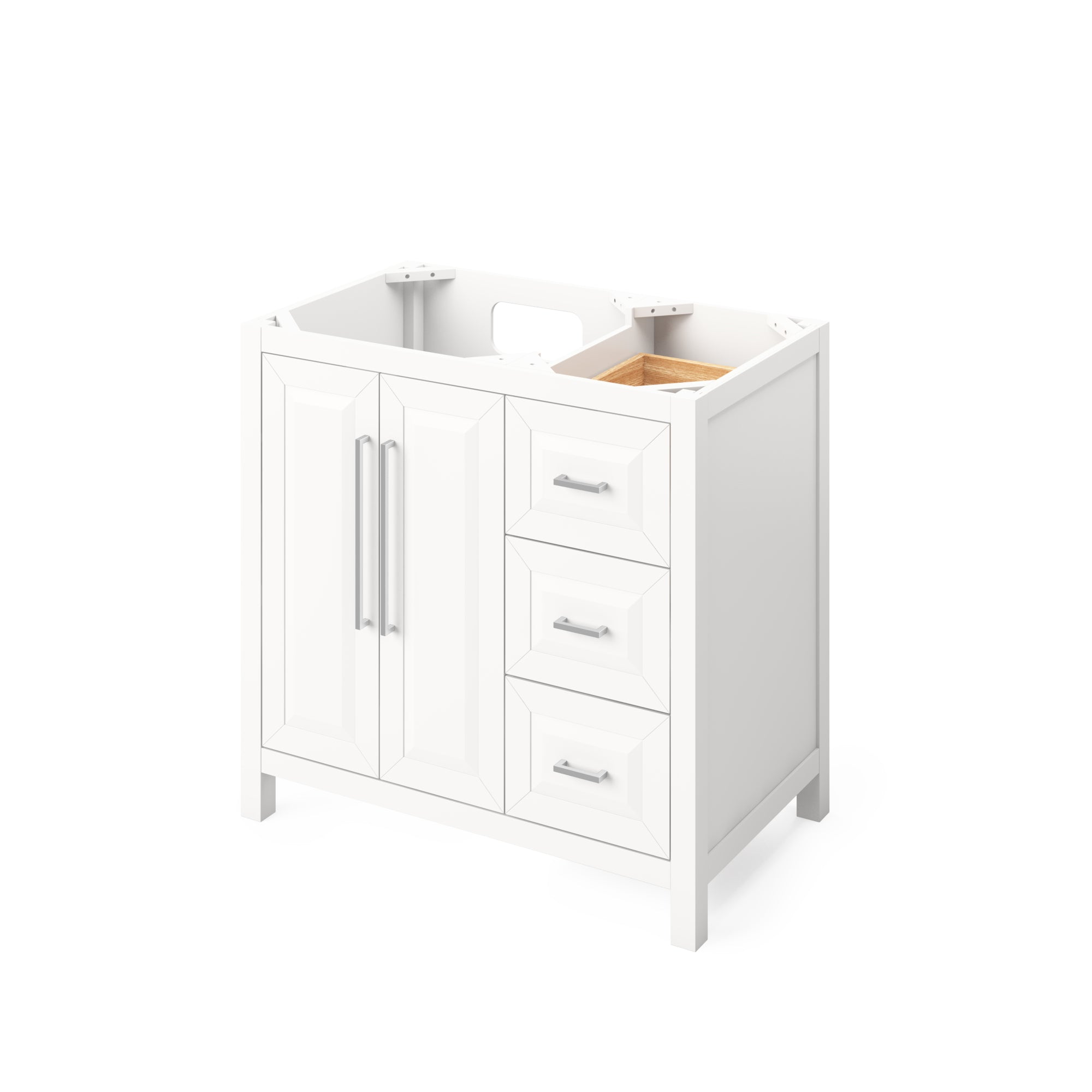 36" White Cade Vanity, left offset, Calacatta Vienna Quartz Vanity Top, undermount rectangle bowl | KitchBath