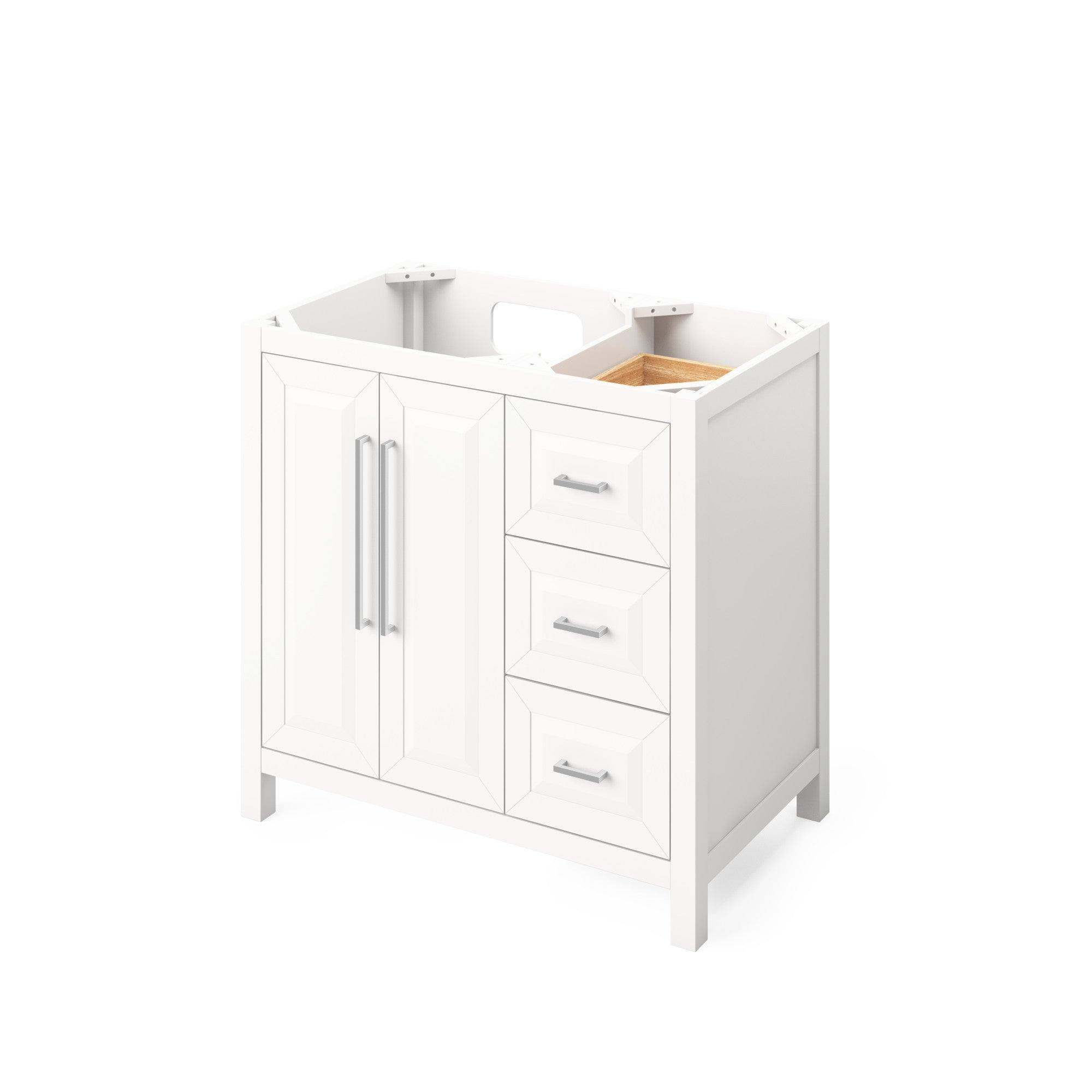 36" White Cade Vanity, left offset, Calacatta Vienna Quartz Vanity Top, undermount rectangle bowl | KitchBath