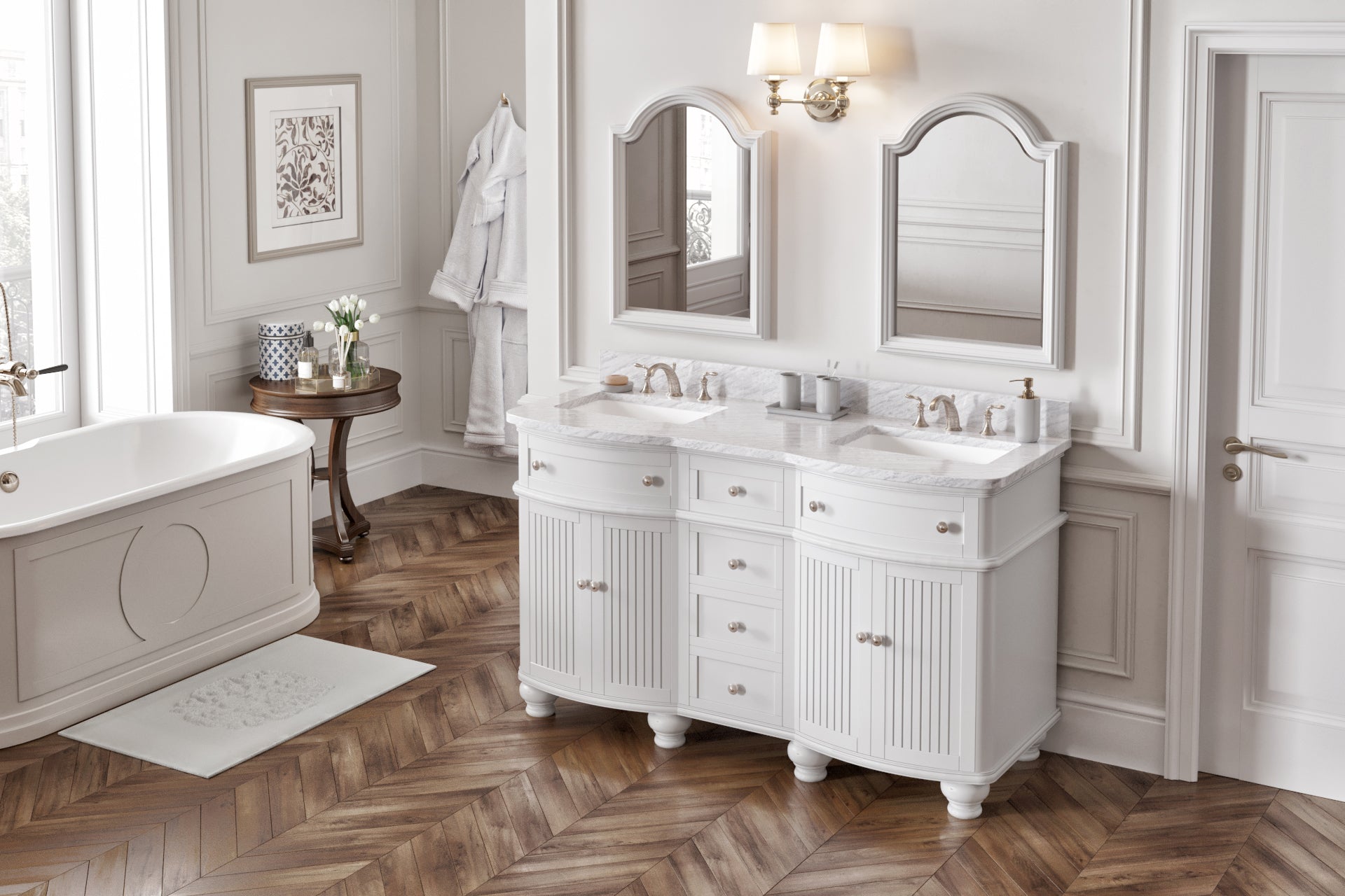 60" White Compton Vanity, double bowl | KitchBath
