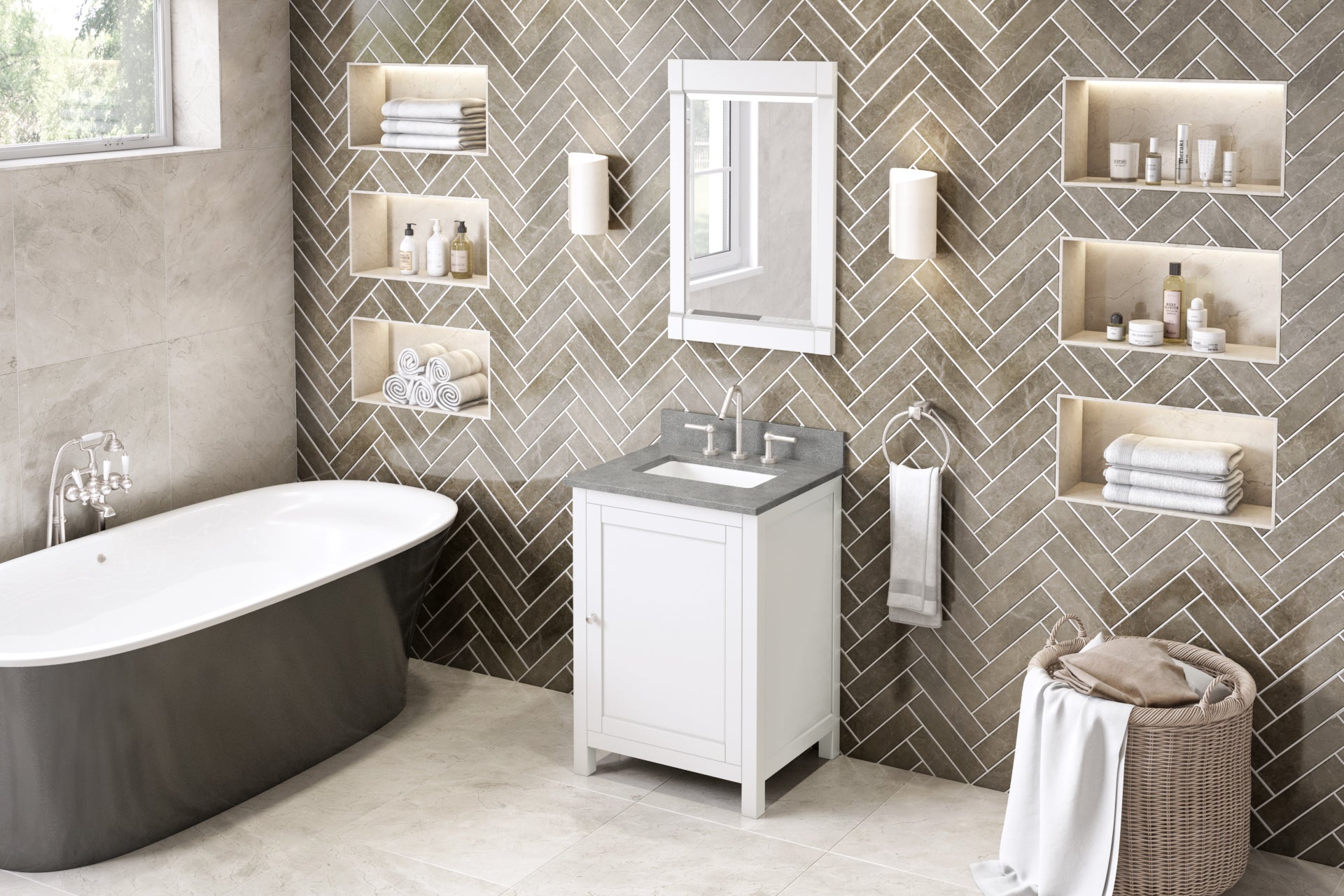 24" White Astoria Vanity, Steel Grey Cultured Marble Vanity Top, undermount rectangle bowl