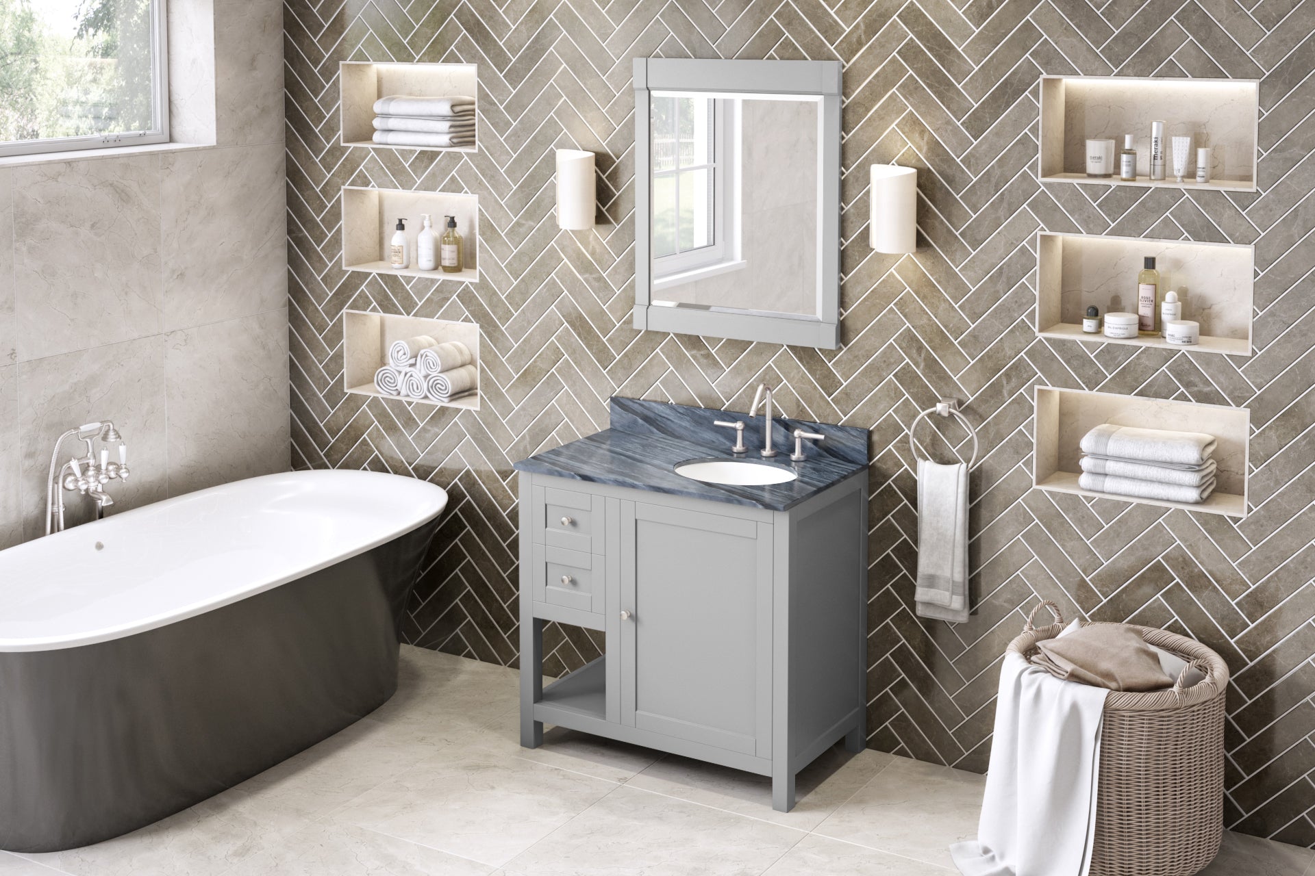 36" Grey Astoria Vanity, right offset | KitchBath