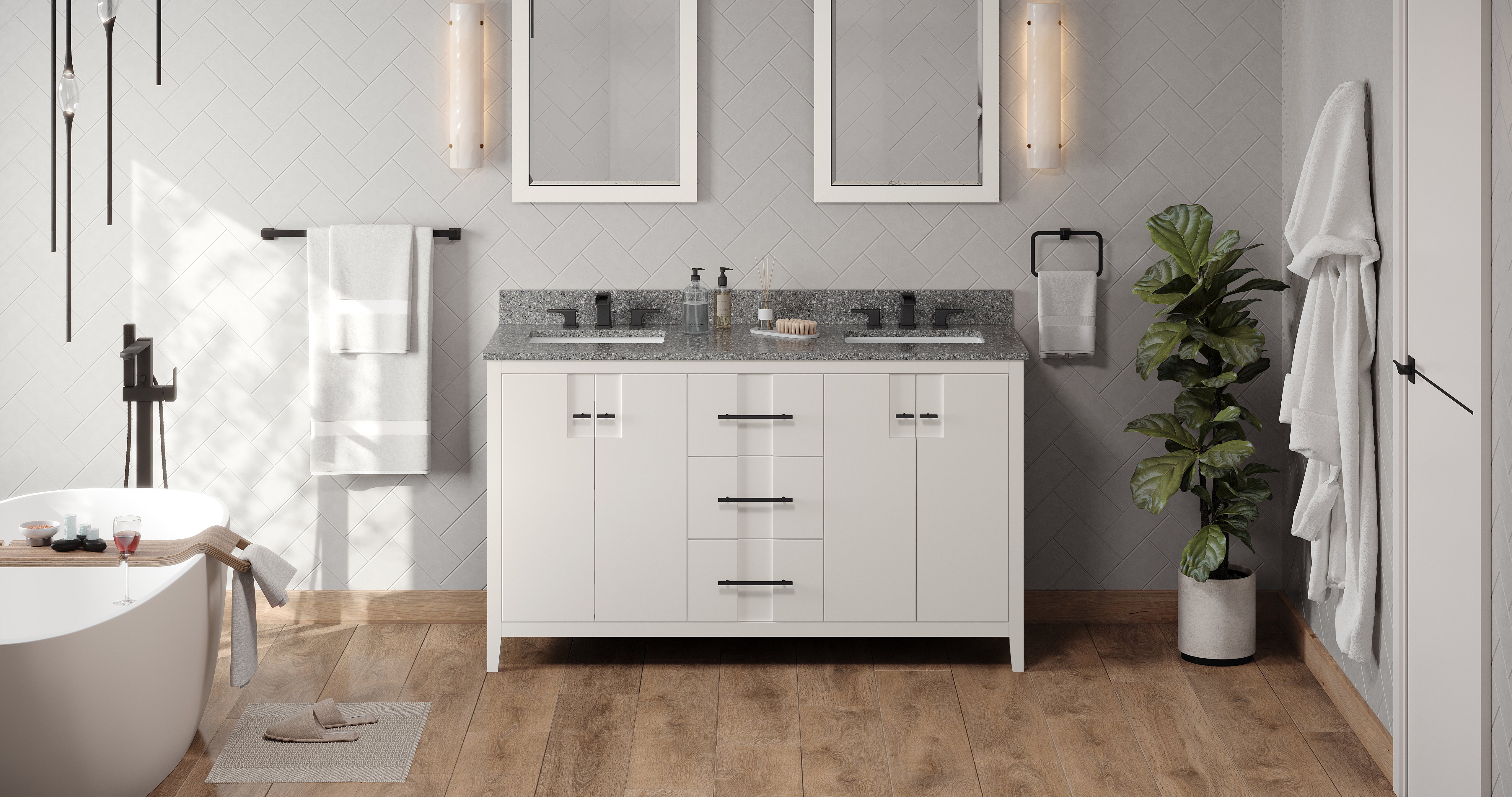 60" White Katara Vanity, double bowl, Boulder Cultured Marble Vanity Top, two undermount rectangle bowls | KitchBath