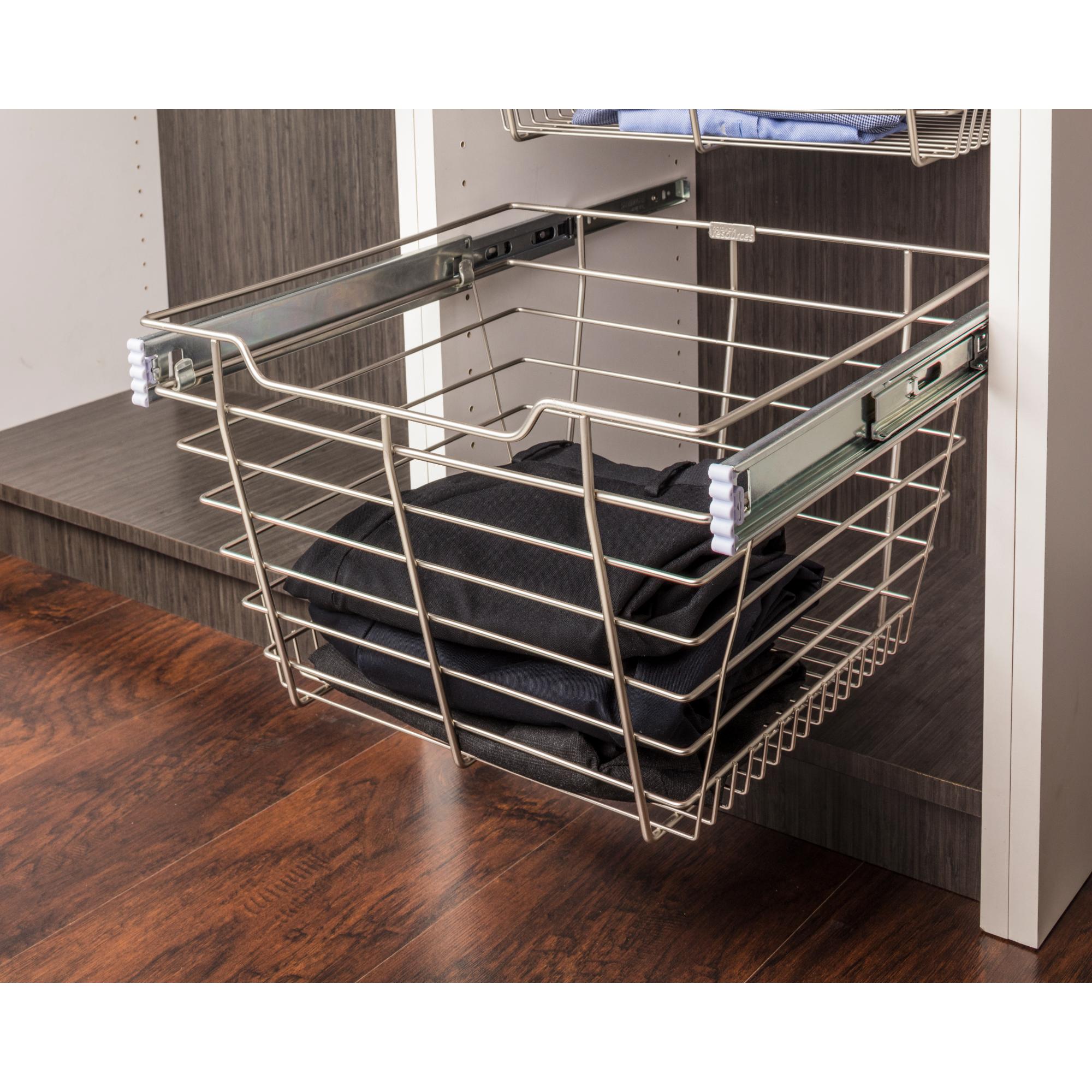 Satin Nickel Closet Pullout Basket with Slides 14"D x 17"W x 17"H | KitchBath