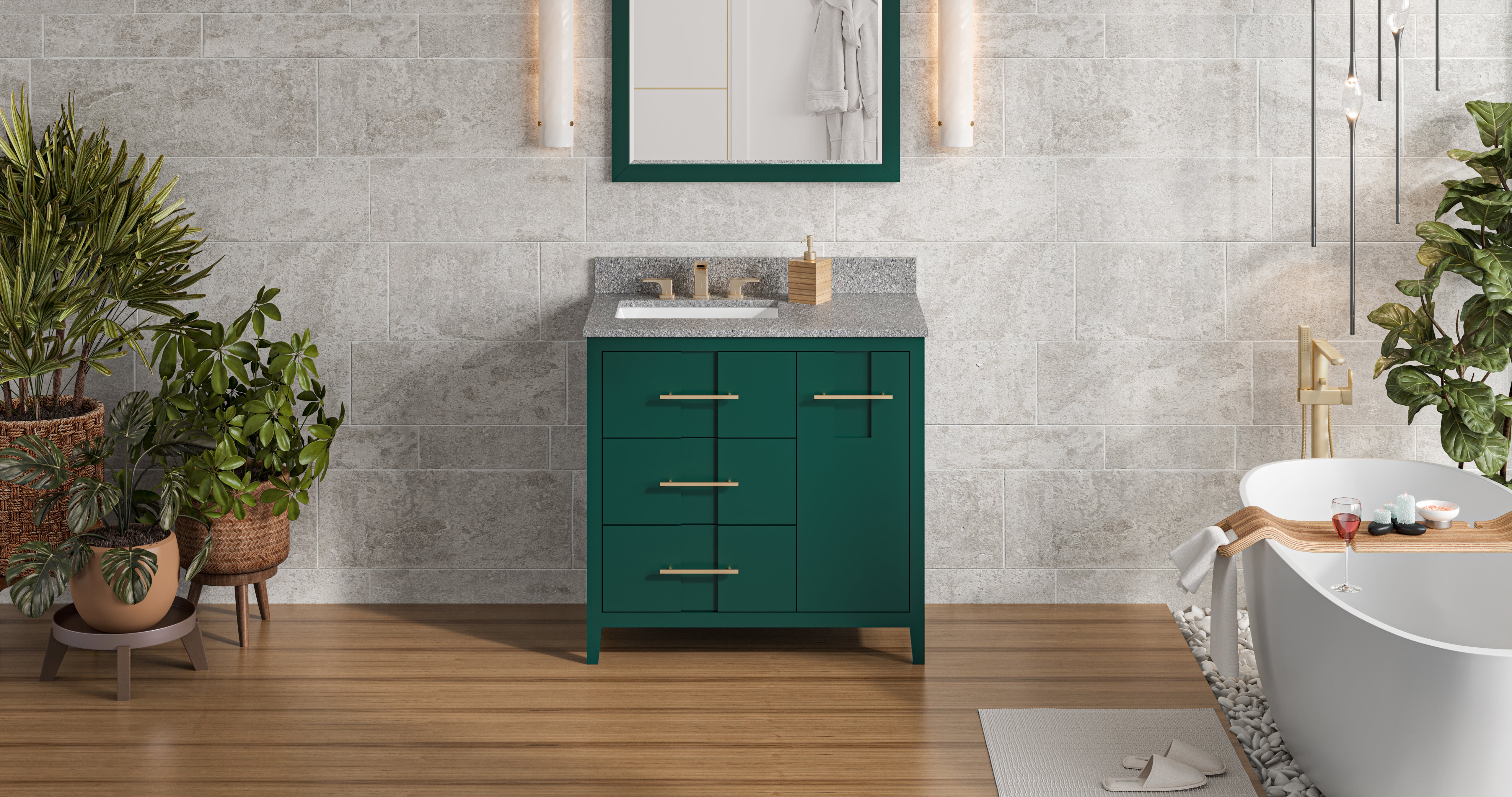 36" Forest Green Katara Vanity, left offset, Boulder Vanity Cultured Marble Vanity Top, undermount rectangle bowl | KitchBath