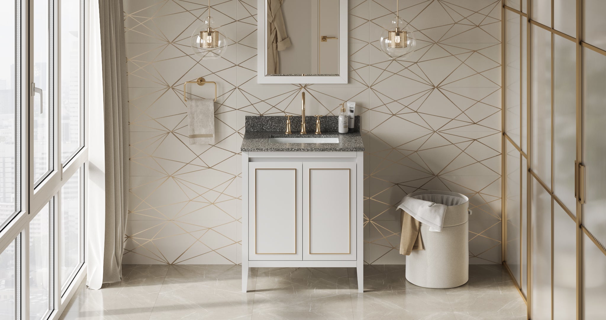 30" White Percival Vanity, Boulder Cultured Marble Vanity Top, undermount rectangle bowl | KitchBath