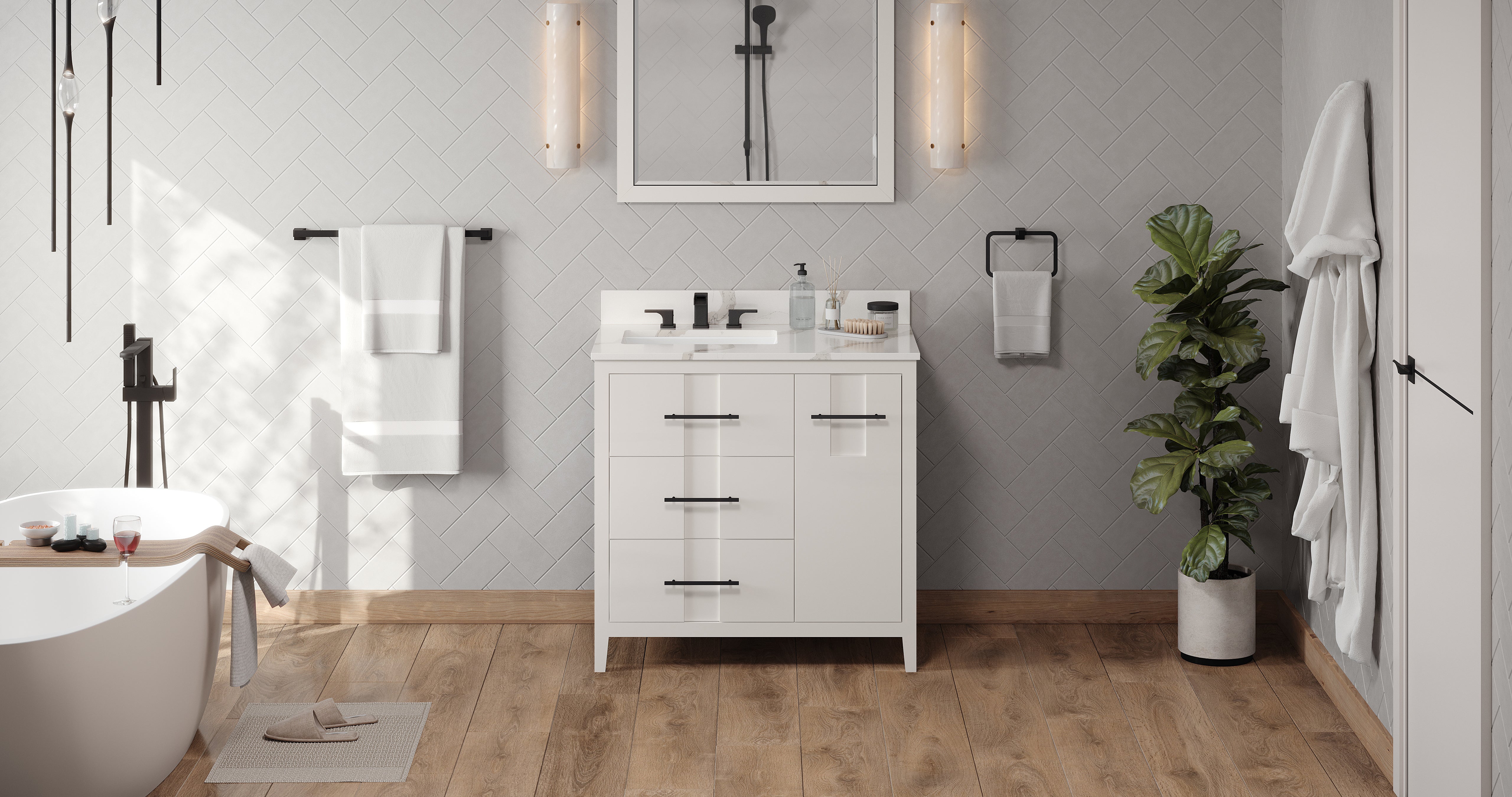 36" White Katara Vanity, left offset | KitchBath