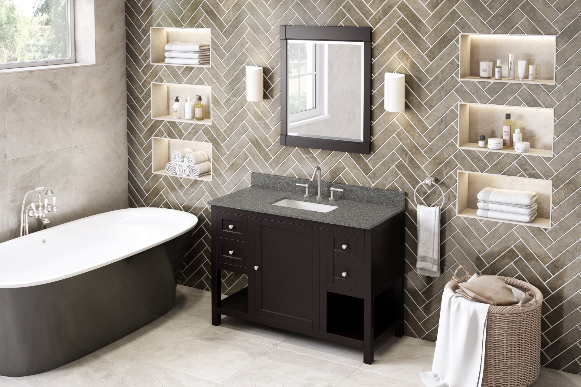 48" Espresso Astoria Vanity, Boulder Cultured Marble Vanity Top, undermount rectangle bowl