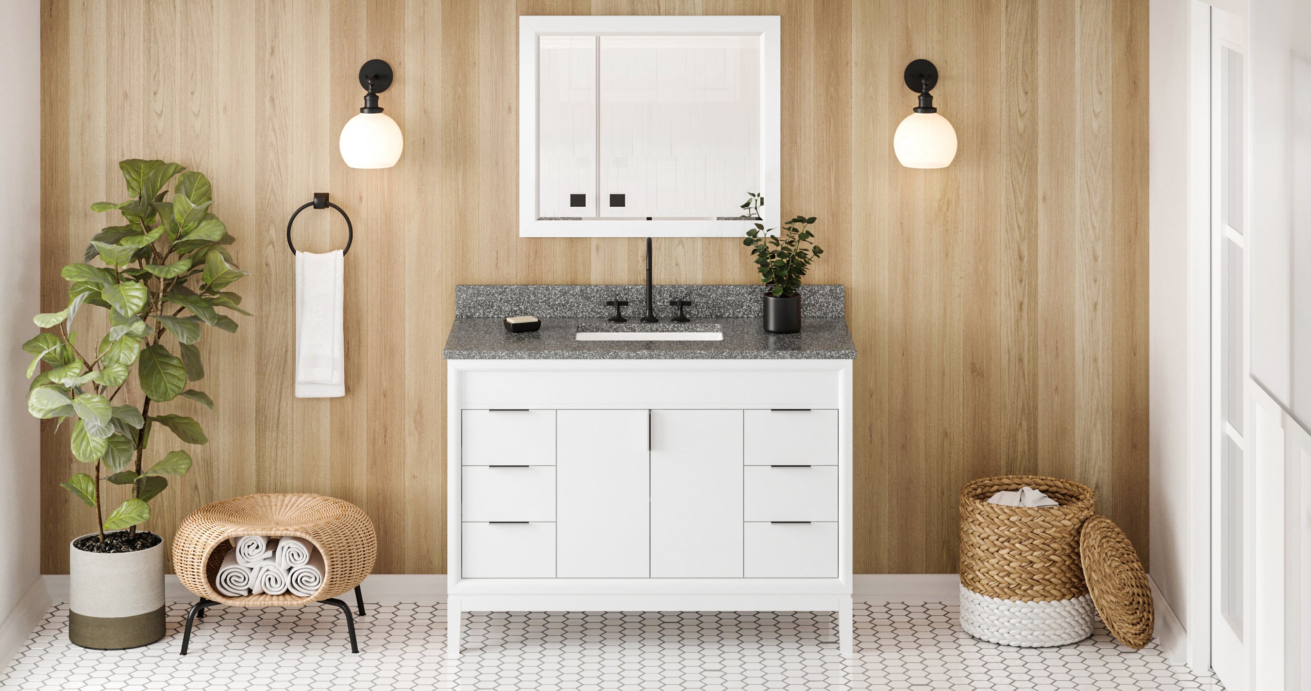 48" White Theodora Vanity, Boulder Cultured Marble Vanity Top, undermount rectangle bowl | KitchBath