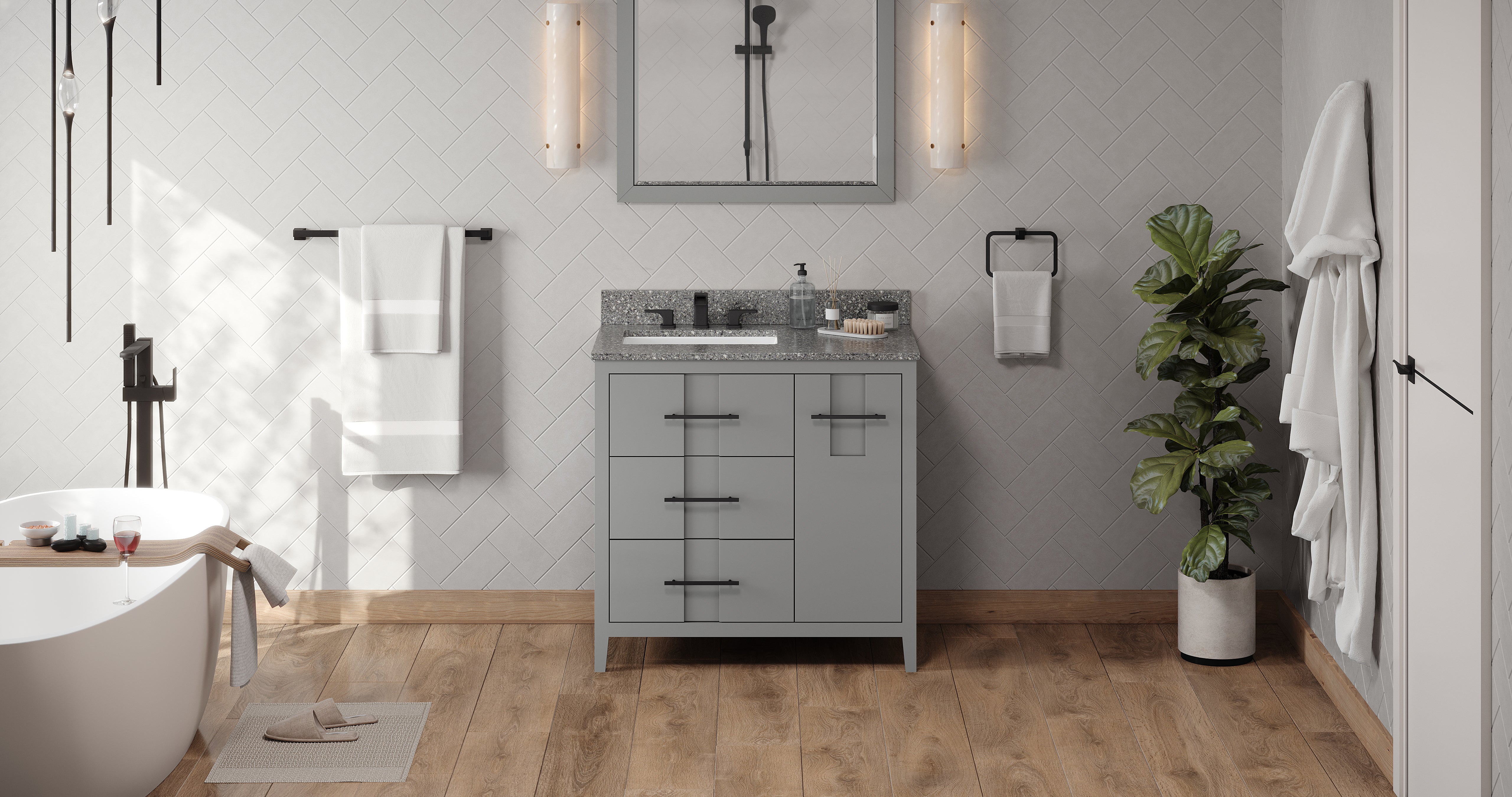36" Grey Katara Vanity, left offset, Boulder Vanity Cultured Marble Vanity Top, undermount rectangle bowl | KitchBath