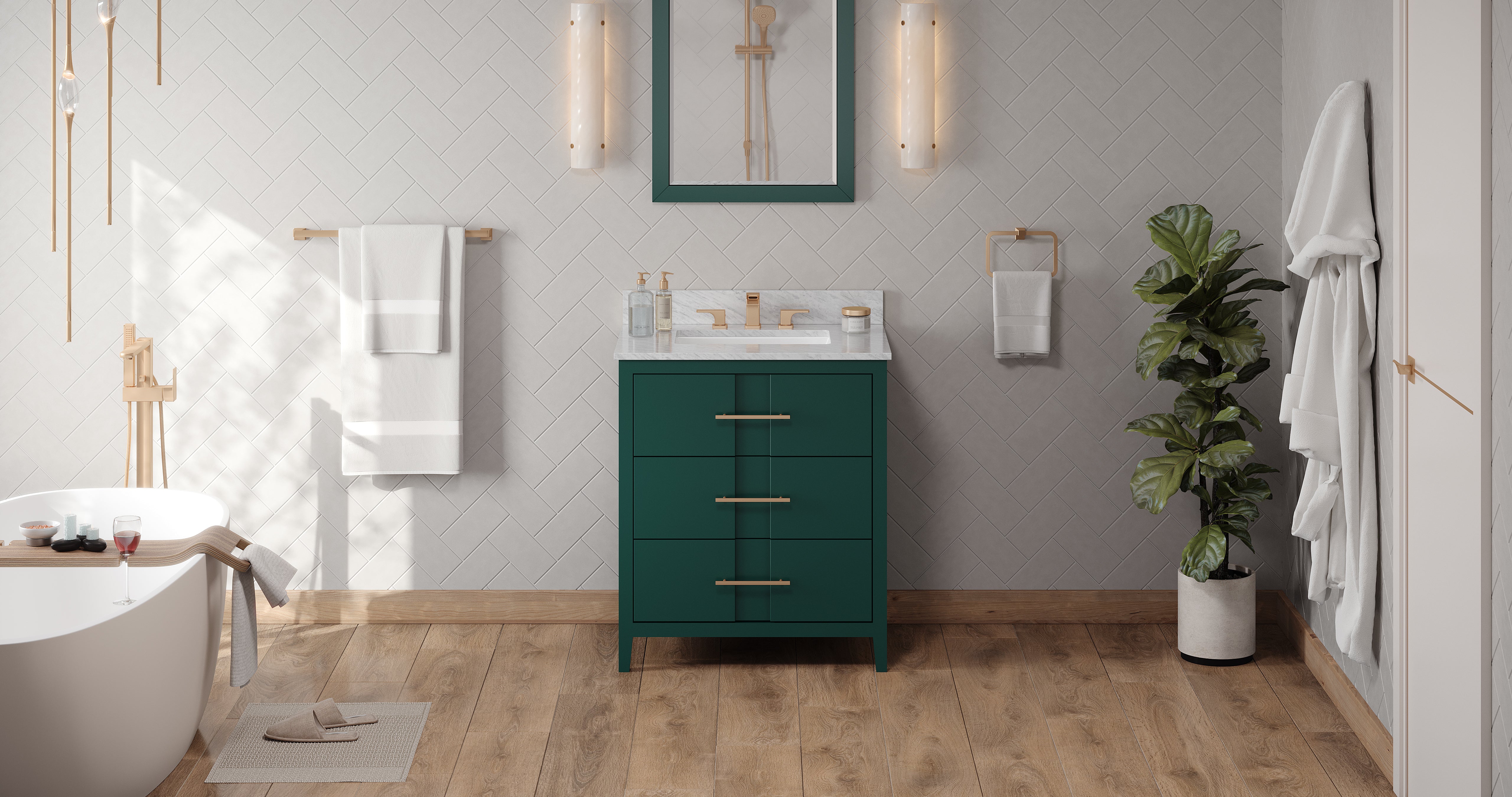30" Forest Green Katara Vanity, White Carrara Marble Vanity Top, undermount rectangle bowl | KitchBath
