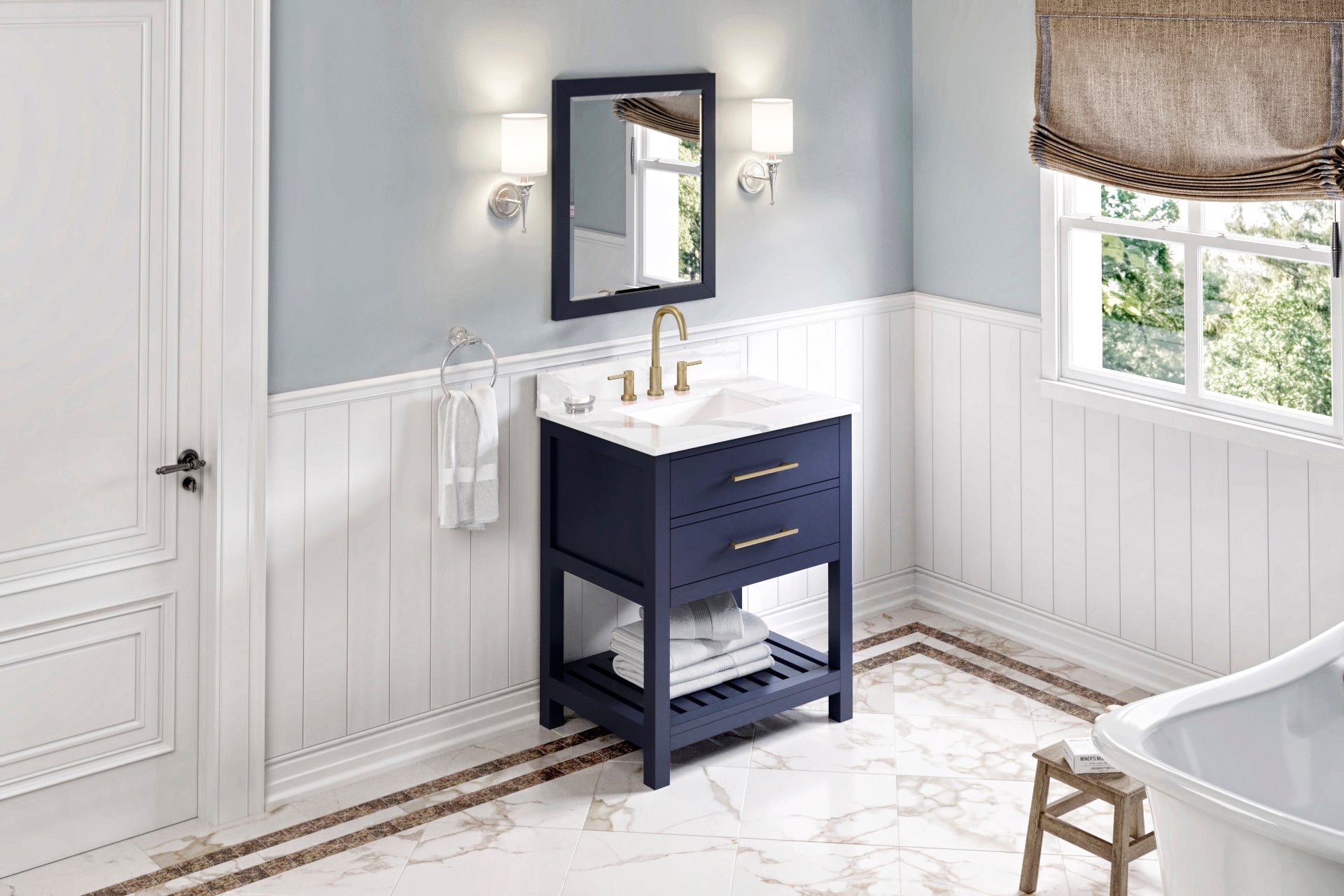 30" Hale Blue Wavecrest Vanity, Calacatta Vienna Quartz Vanity Top, undermount rectangle bowl