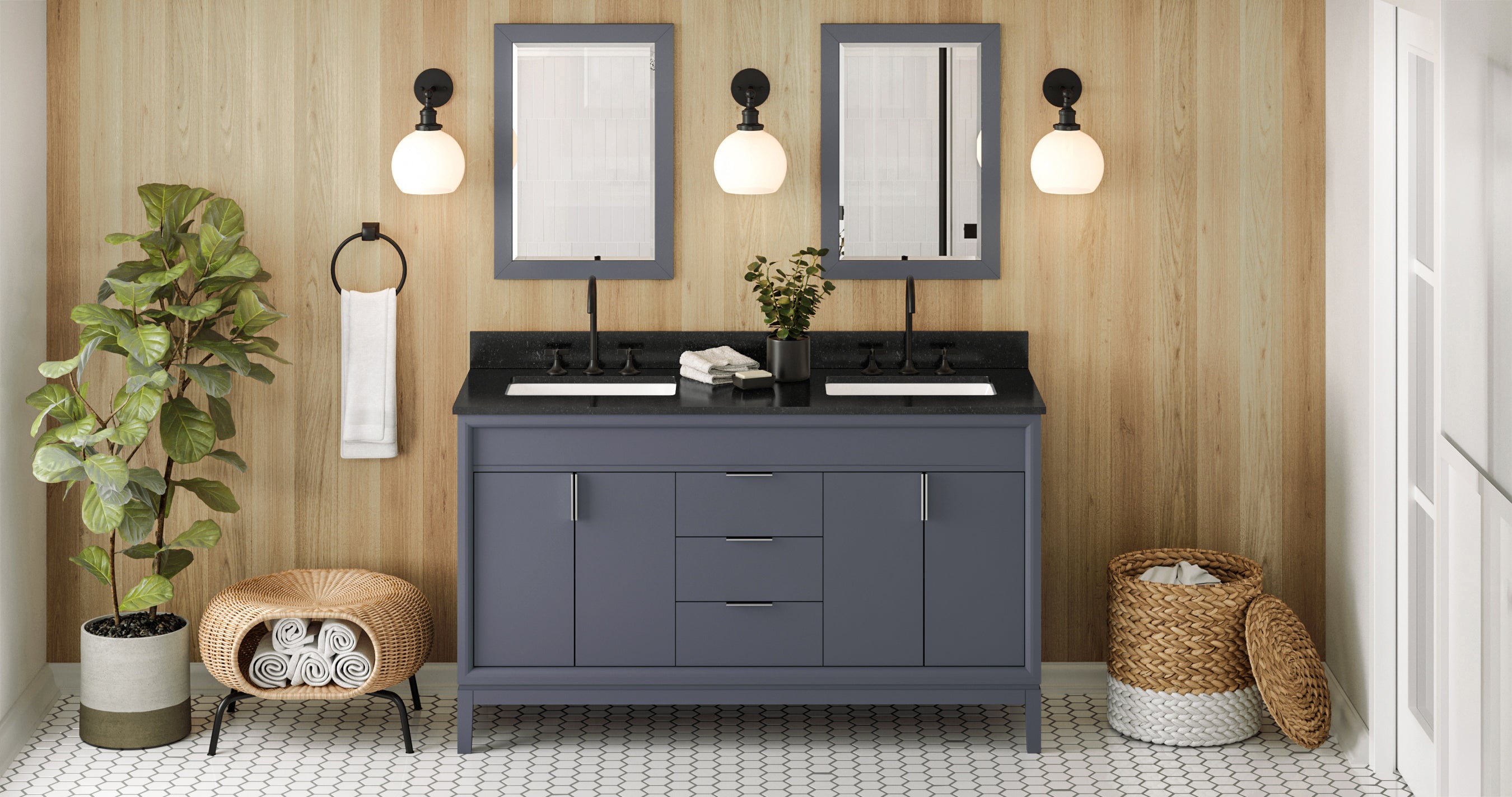 60" Blue Steel Theodora Vanity, double bowl, Black Granite Vanity Top, two undermount rectangle bowls | KitchBath
