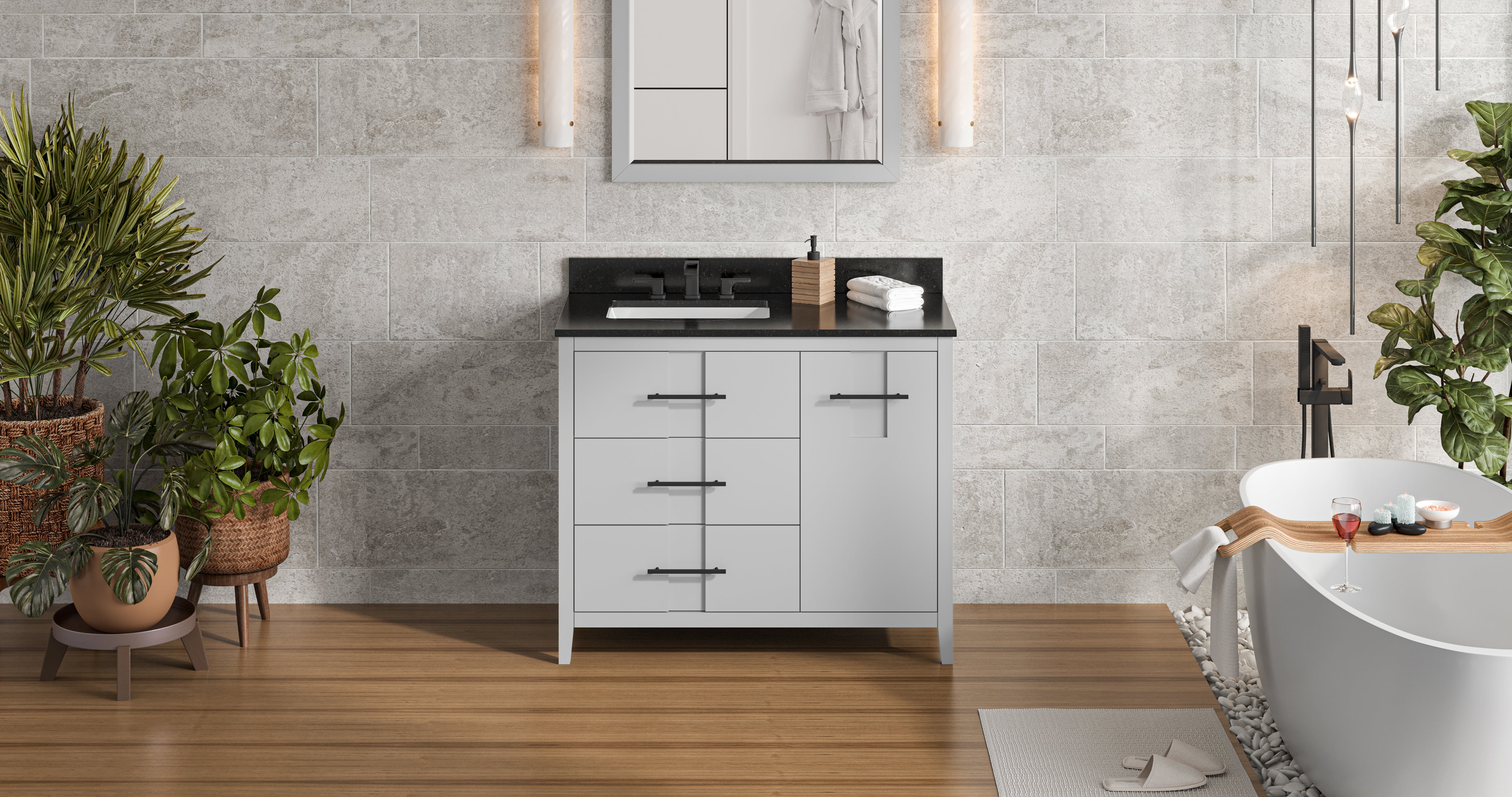 42" Grey Katara Vanity, left offset, Black Granite Vanity Top, undermount rectangle bowl | KitchBath