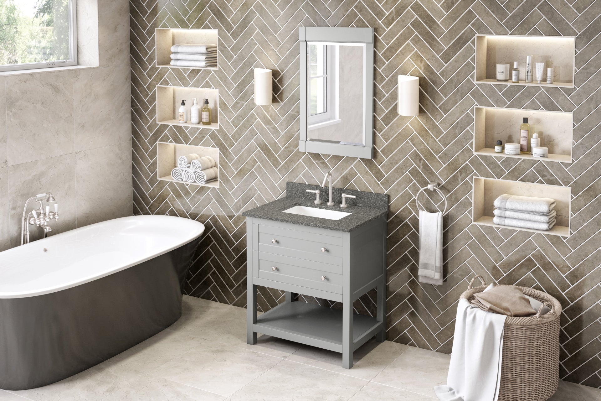 30" Grey Astoria Vanity, Boulder Cultured Marble Vanity Top, undermount rectangle bowl