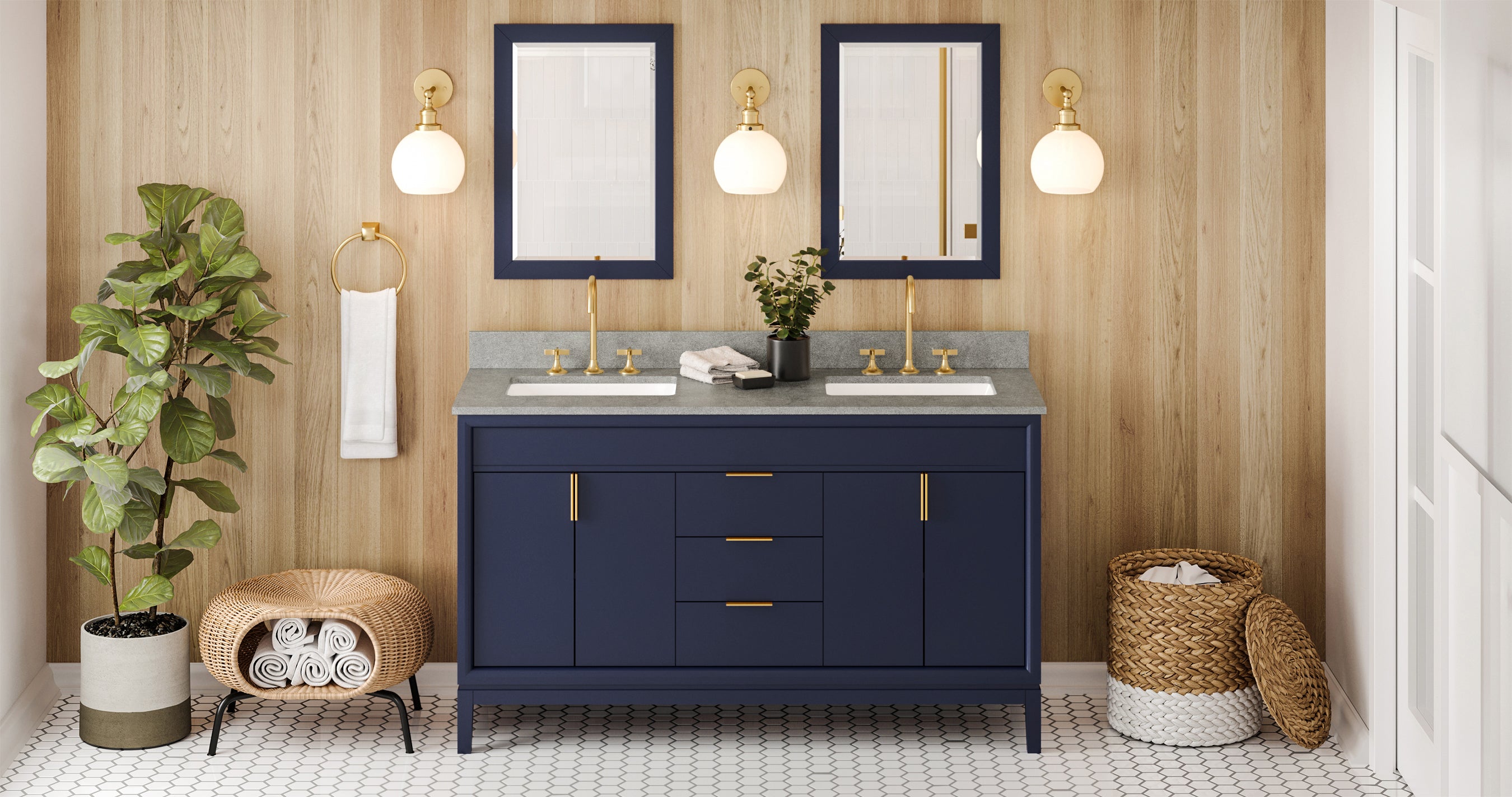 60" Hale Blue Theodora Vanity, double bowl, Steel Grey Cultured Marble Vanity Top, two undermount rectangle bowls | KitchBath