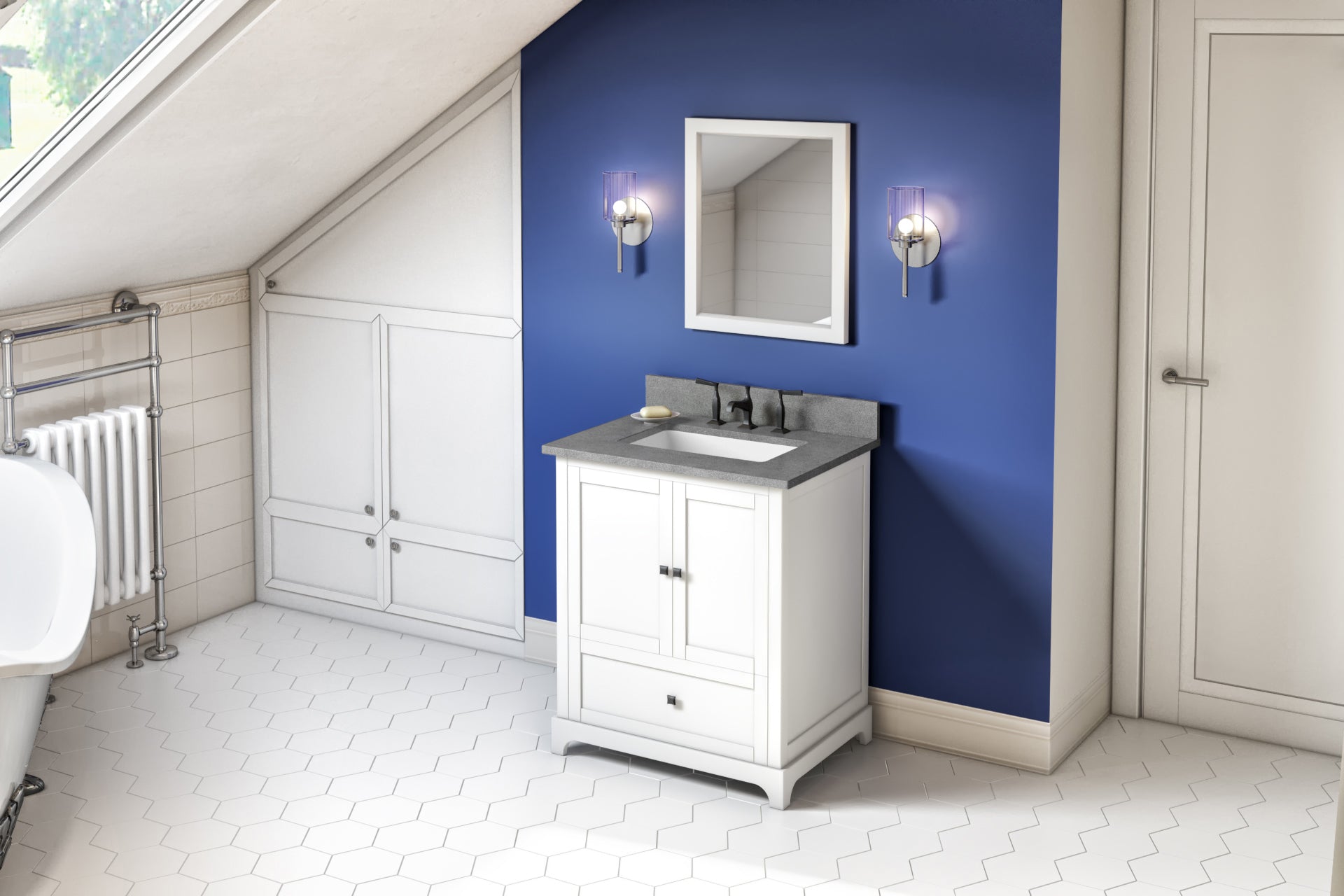 30" White Addington Vanity, Steel Grey Cultured Marble Vanity Top, undermount rectangle bowl