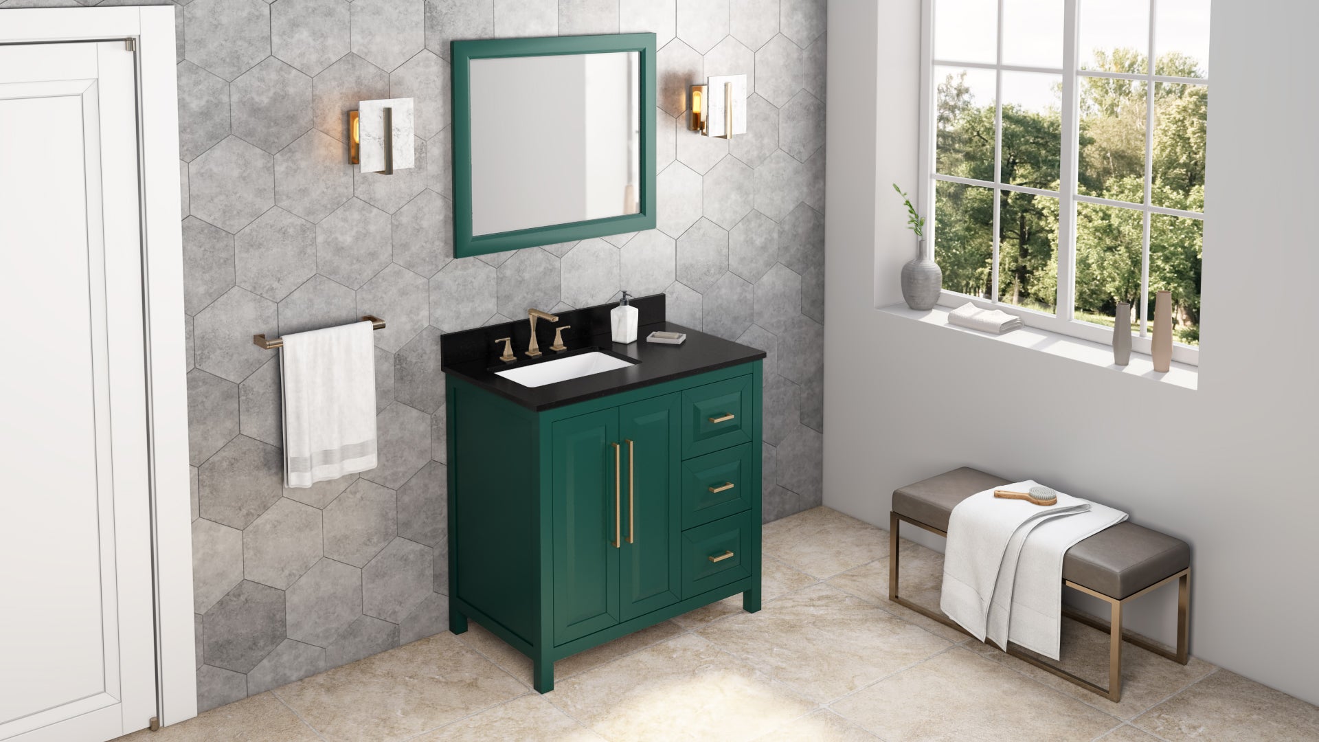 36" Forest Green Cade Vanity, left offset | KitchBath