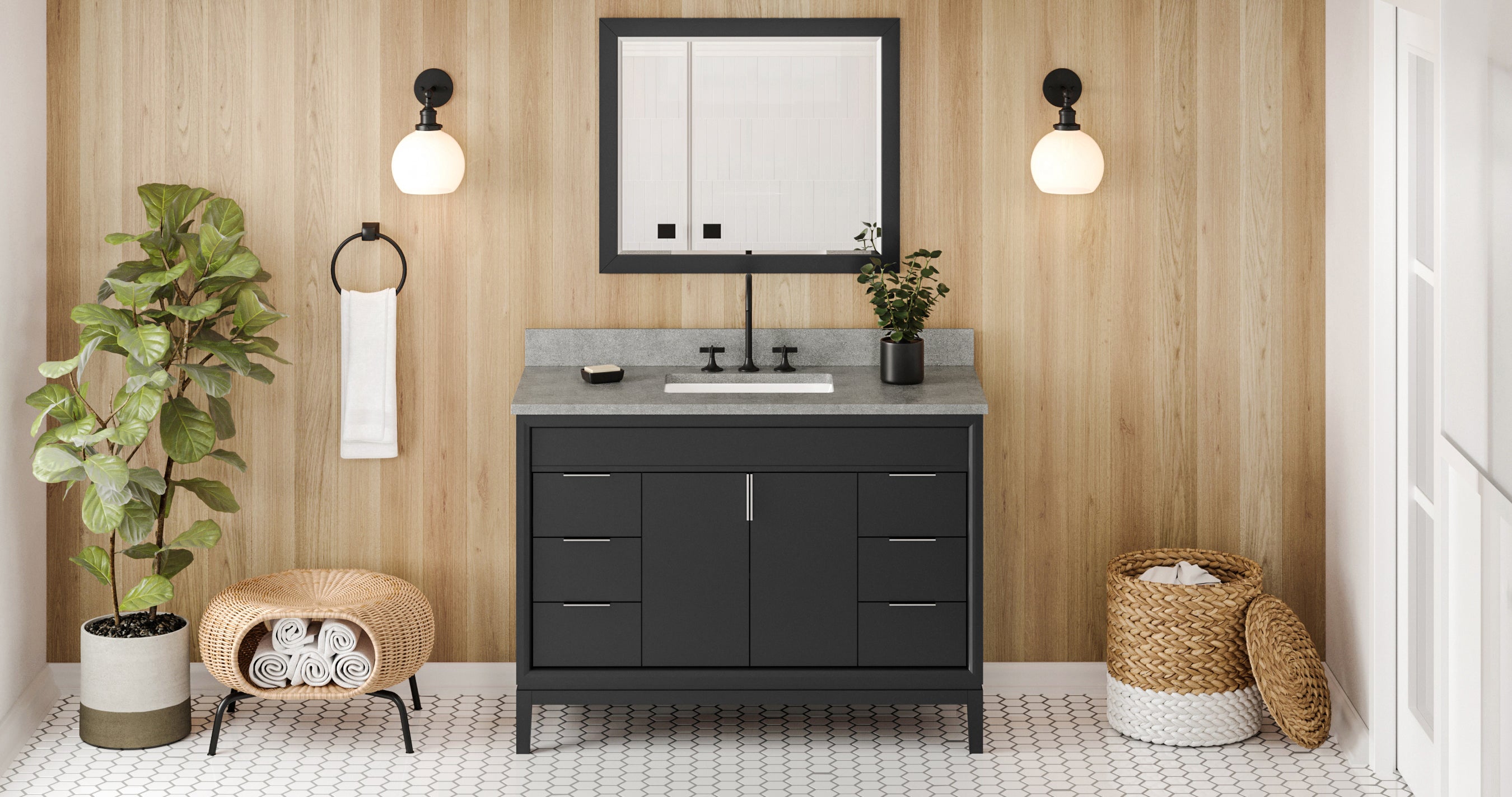 48" Black Theodora Vanity, Steel Grey Cultured Marble Vanity Top, undermount rectangle bowl | KitchBath