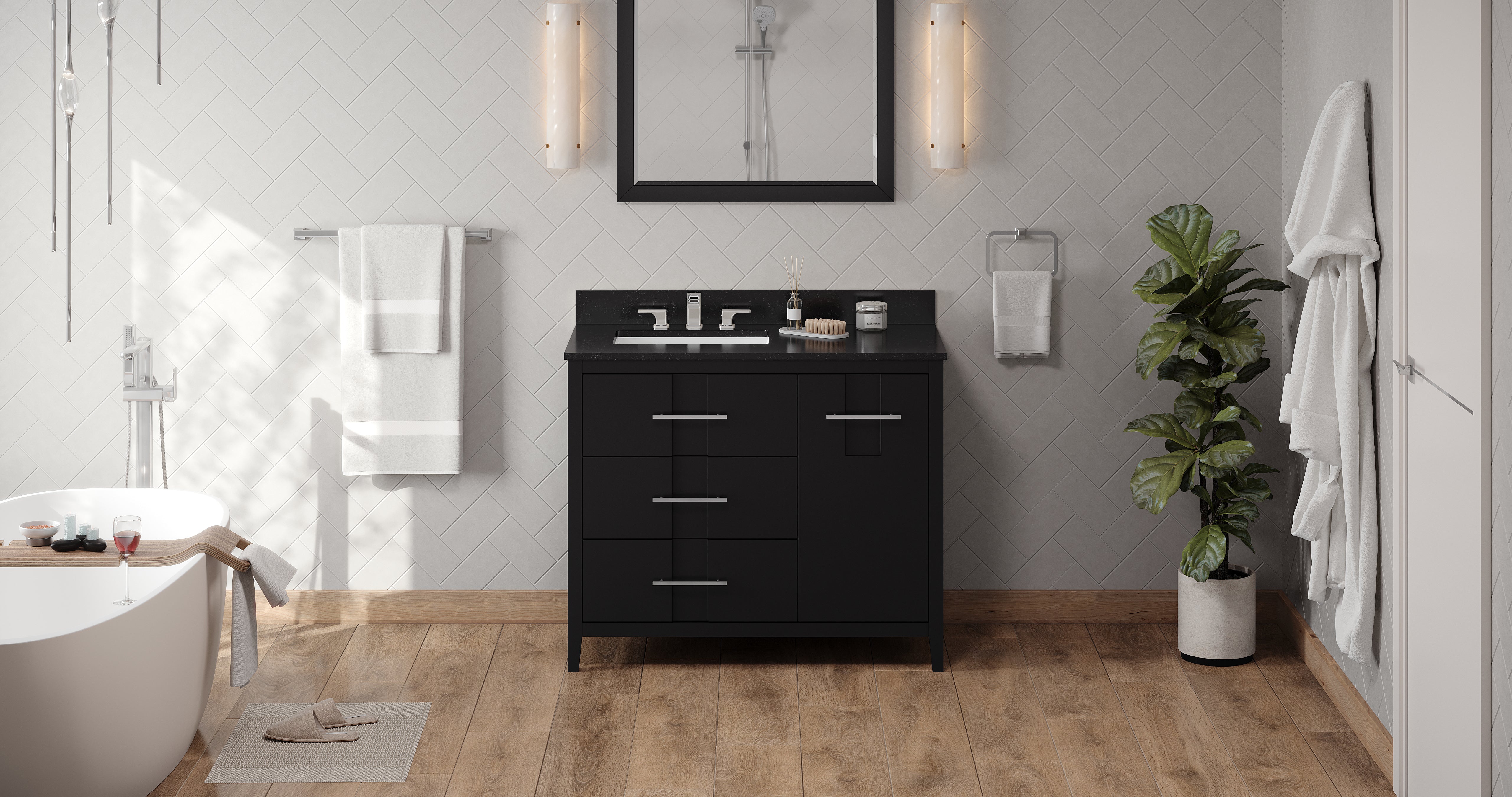 42" Black Katara Vanity, left offset, Black Granite Vanity Top, undermount rectangle bowl | KitchBath