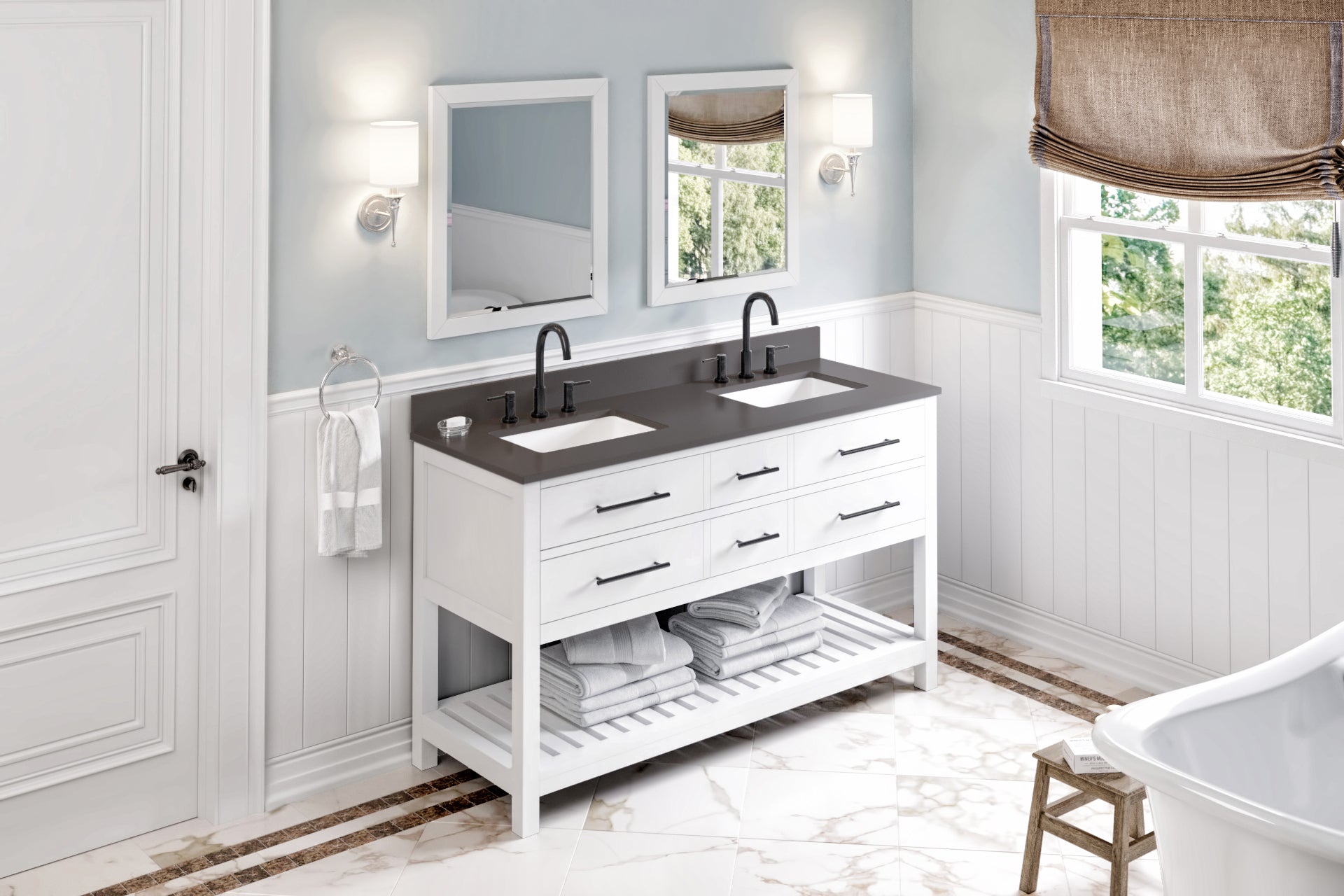60" White Wavecrest Vanity, double bowl | KitchBath