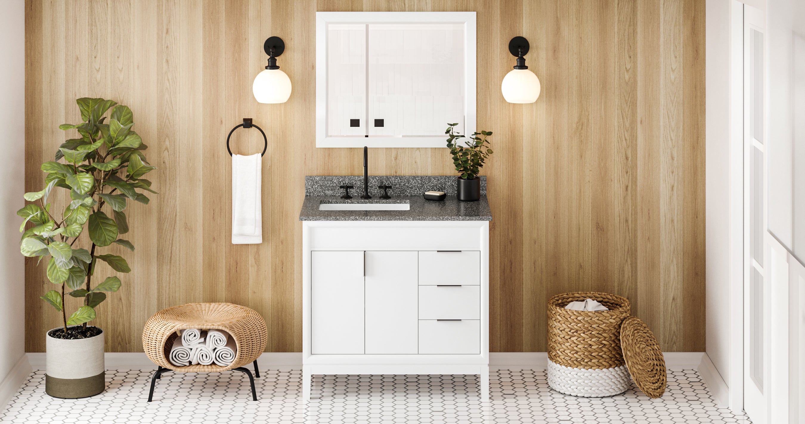 36" White Theodora Vanity, left offset, Boulder Vanity Cultured Marble Vanity Top, undermount rectangle bowl | KitchBath