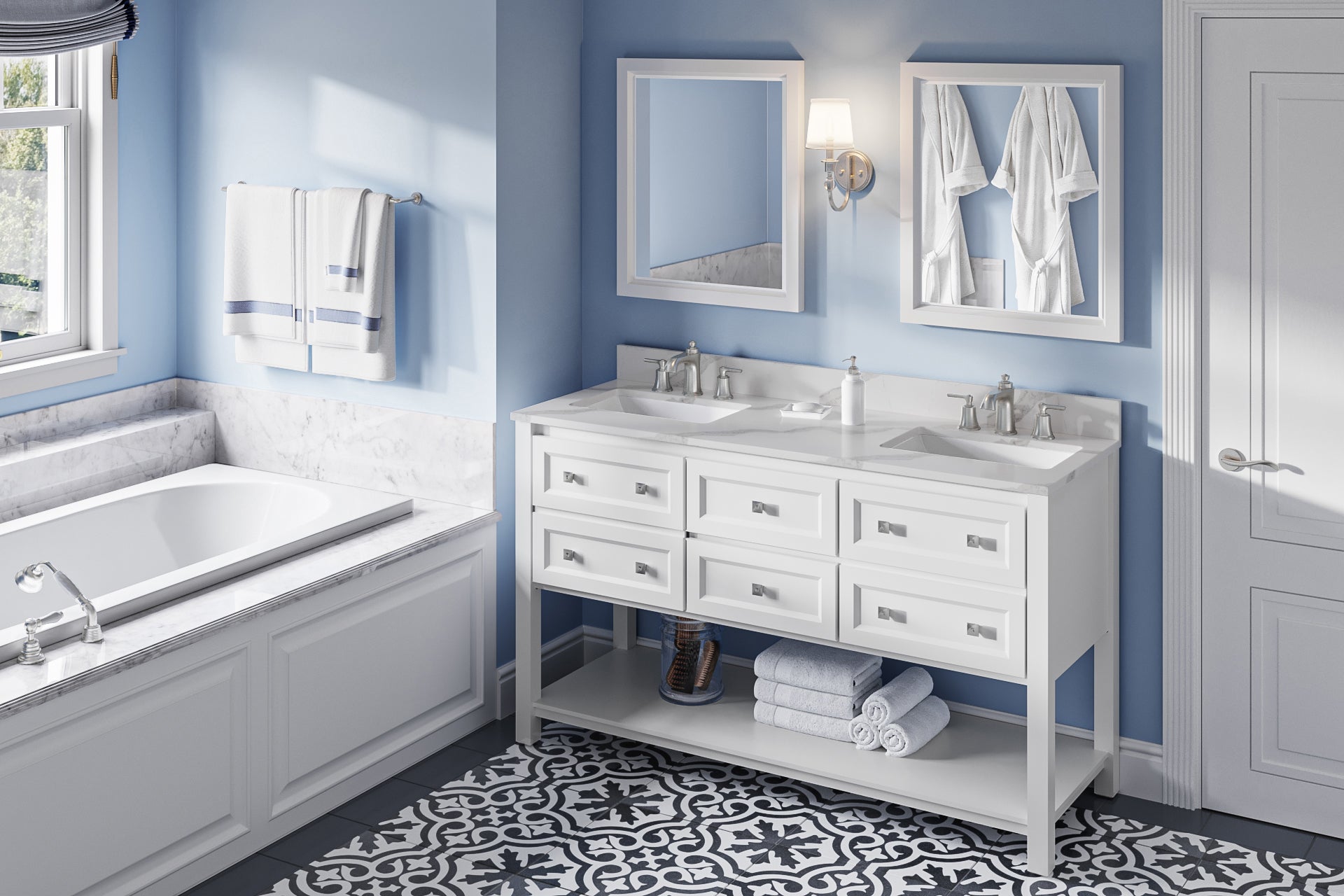 60" White Adler Vanity, double bowl, Calacatta Vienna Quartz Vanity Top, two undermount rectangle bowls